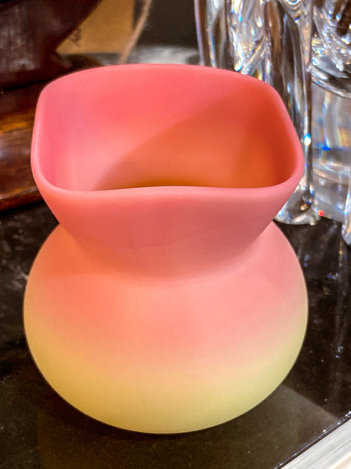 Antique Mt. Washington Pink Yellow Burmese Glass Toothpick Holder