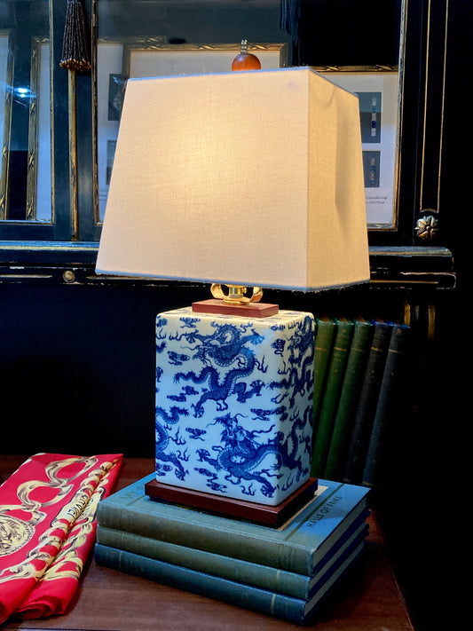 Rectangular Blue and White Porcelain Wood Ralph Lauren Accent Lamp Light