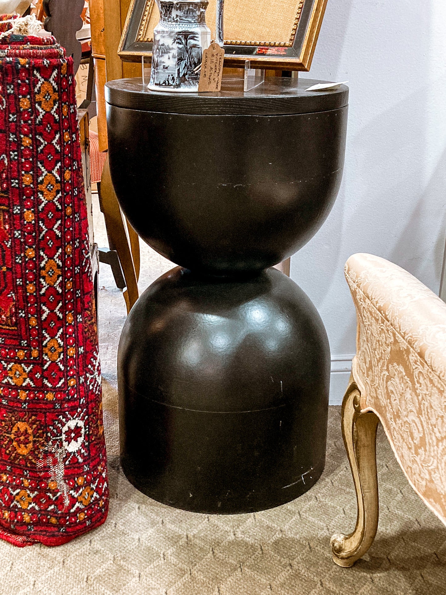 Repurposed Vintage Black Fiberglass Wood Top Hourglass Accent Side Table