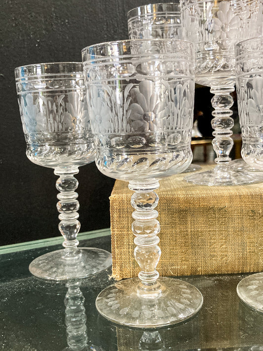 Set of Eight Antique Floral Etched Clear Glass Stemmed Cordial Glasses