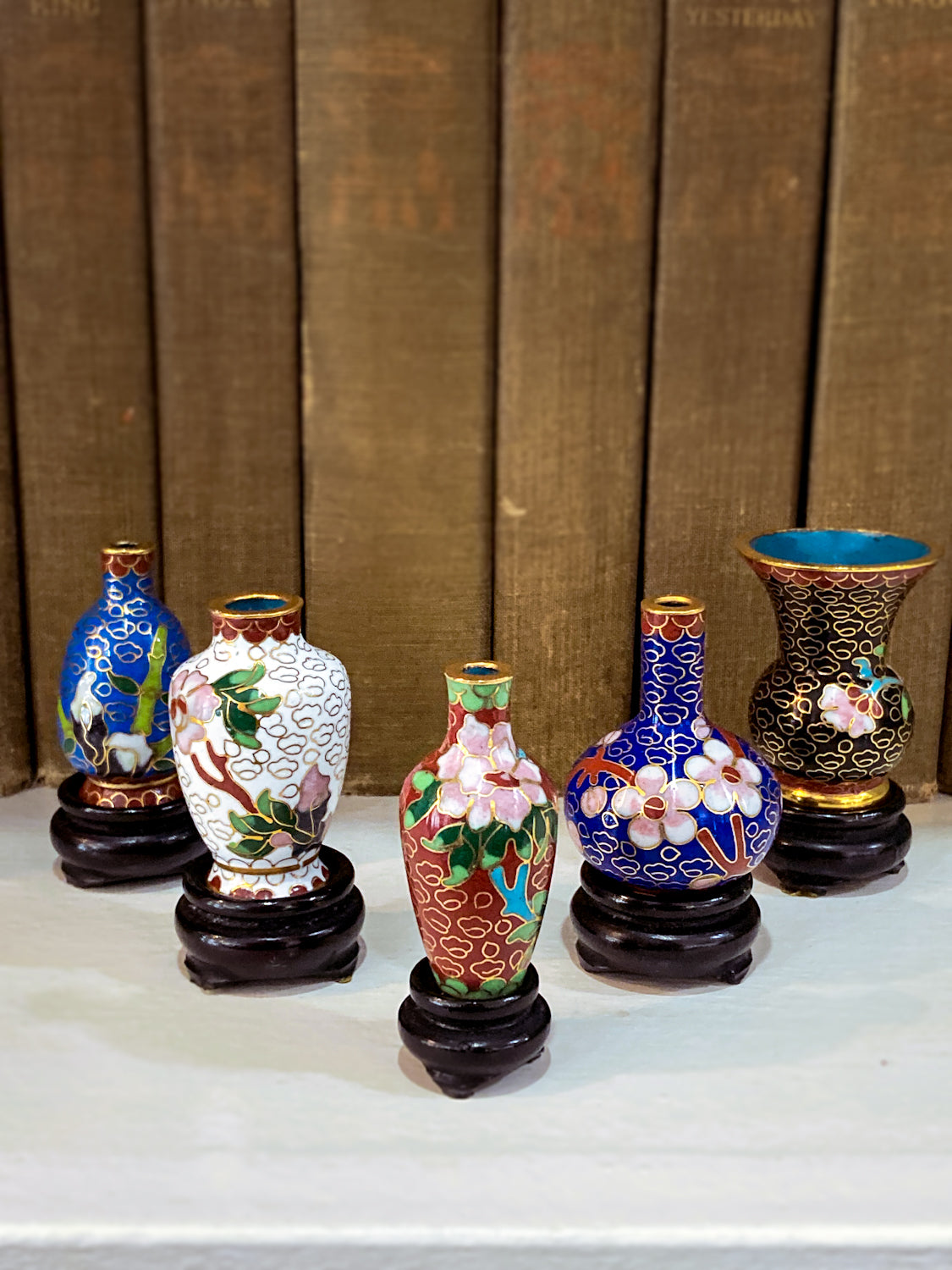 Set of Five Miniature Chinese Cloisonné Vases Wooden Stands Original Box