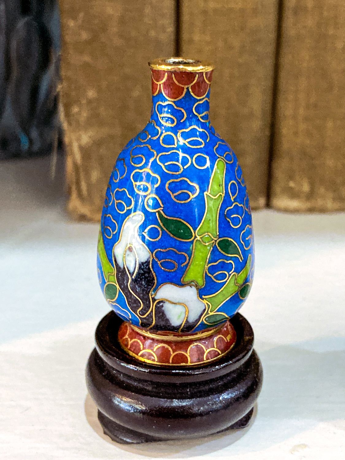 Set of Five Miniature Chinese Cloisonné Vases Wooden Stands Original Box Blue Vase 1