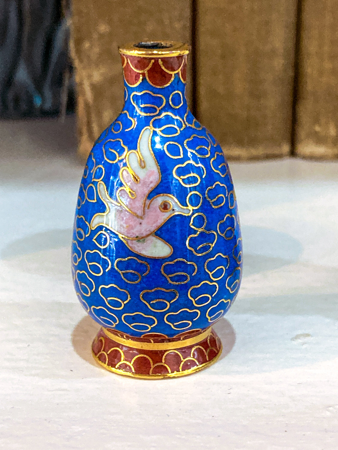 Set of Five Miniature Chinese Cloisonné Vases Wooden Stands Original Box Blue Vase 1