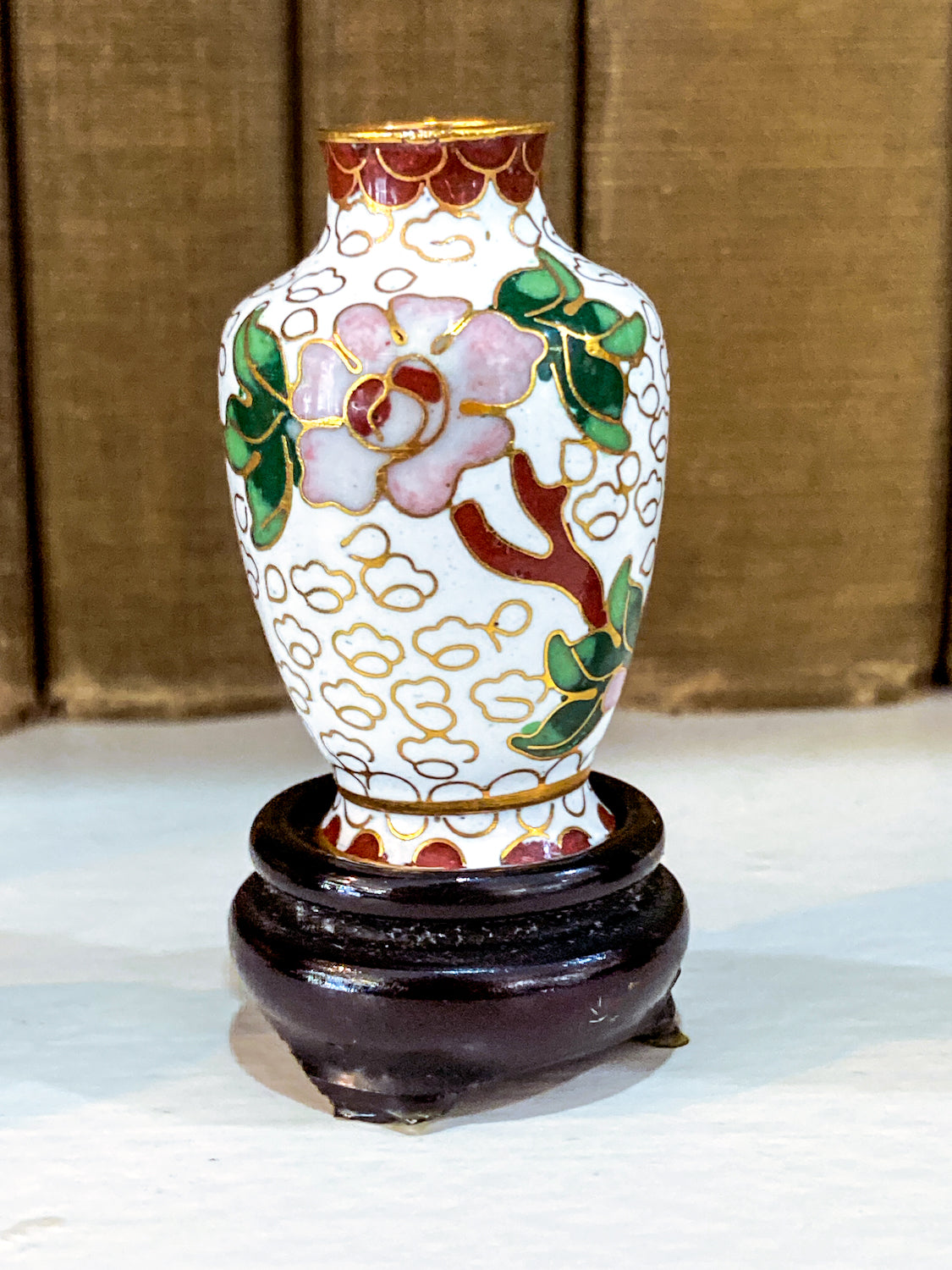 Set of Five Miniature Chinese Cloisonné Vases Wooden Stands Original Box White Vase 1