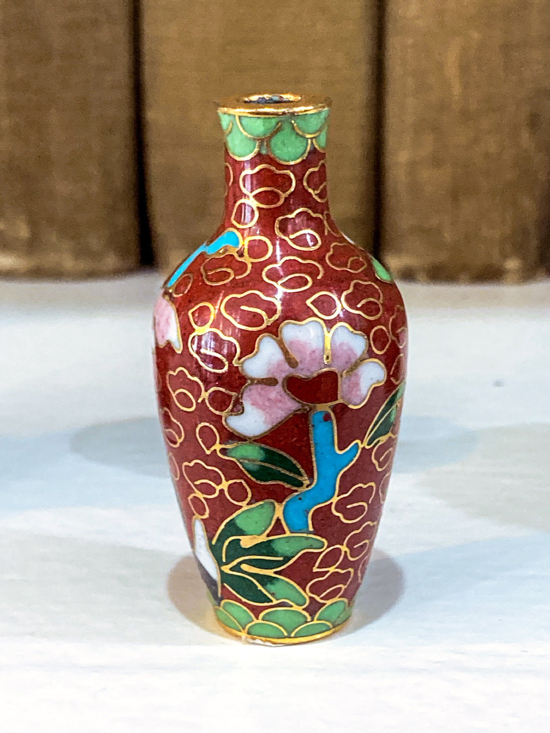 Set of Five Miniature Chinese Cloisonné Vases Wooden Stands Original Box Red Vase 1