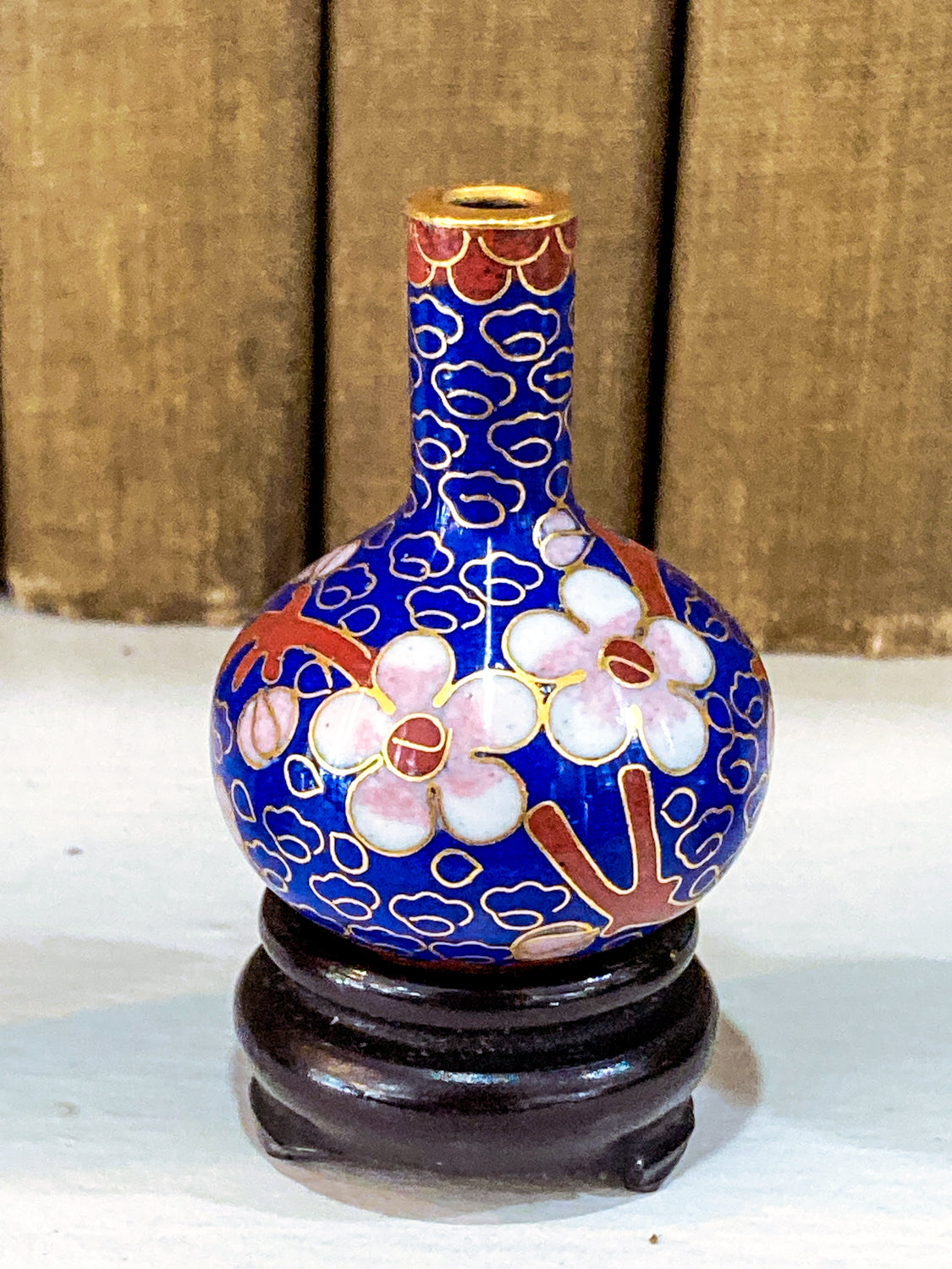 Set of Five Miniature Chinese Cloisonné Vases Wooden Stands Original Box Blue Vase 2