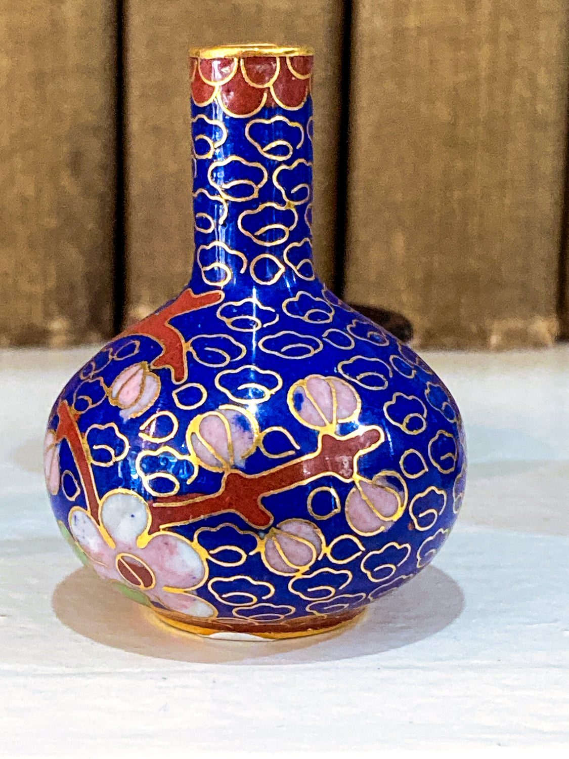 Set of Five Miniature Chinese Cloisonné Vases Wooden Stands Original Box Blue Vase 2