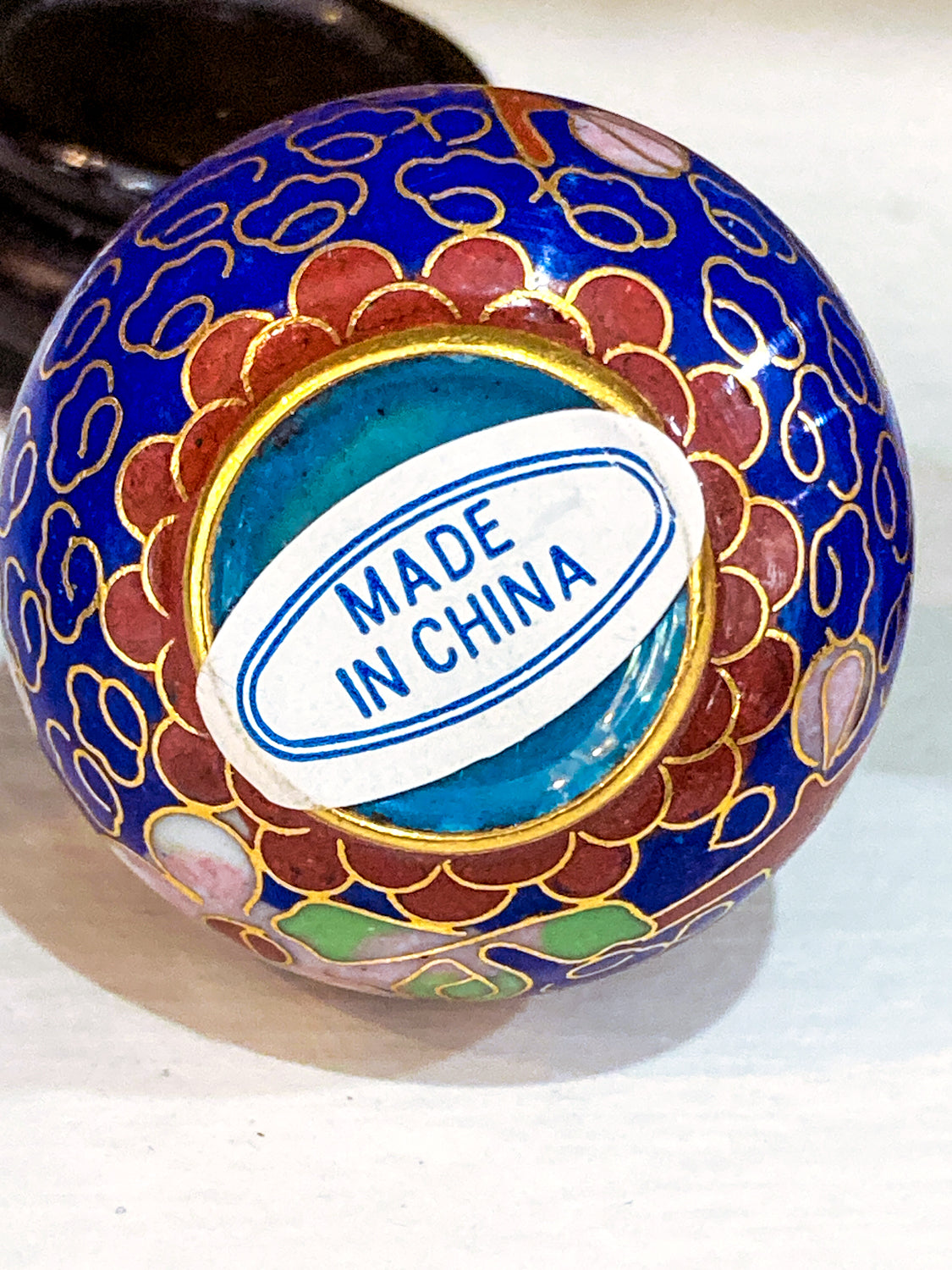 Set of Five Miniature Chinese Cloisonné Vases Wooden Stands Original Box Blue Vase 2