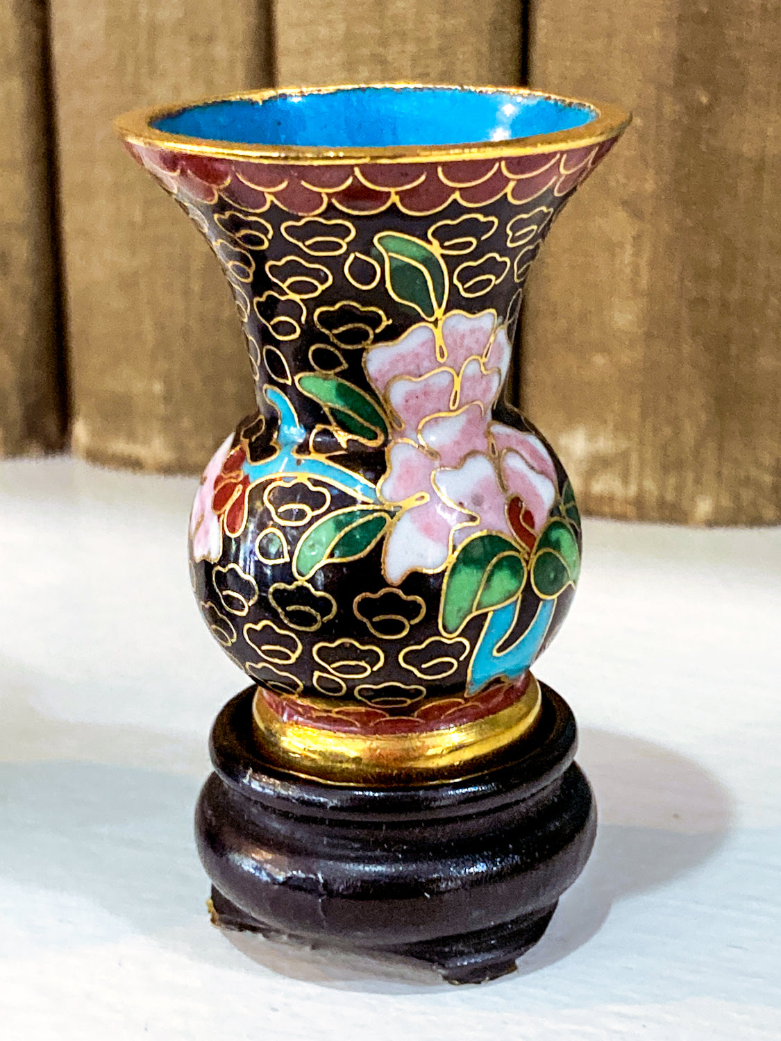 Set of Five Miniature Chinese Cloisonné Vases Wooden Stands Original Box Black Vase 1