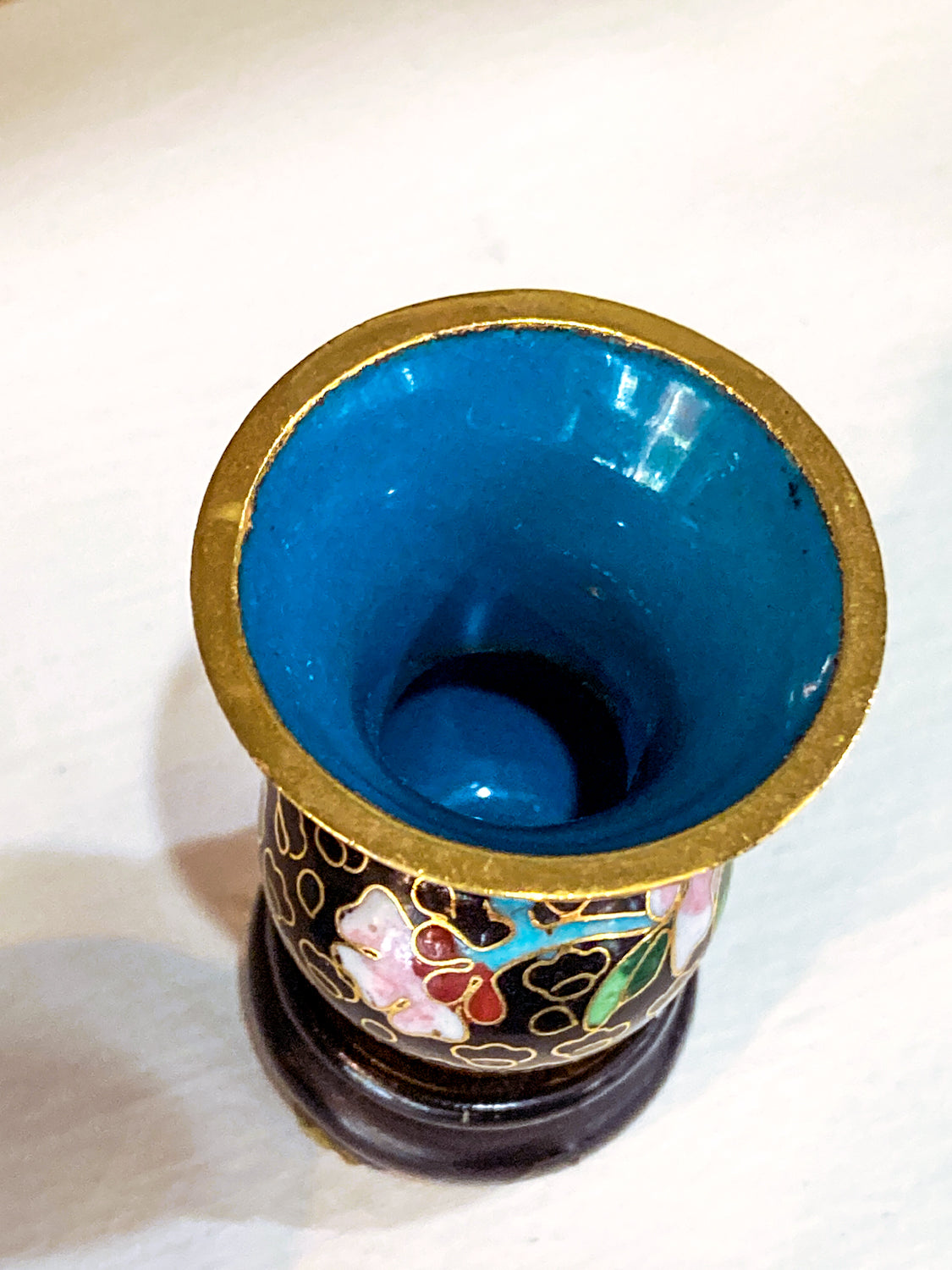 Set of Five Miniature Chinese Cloisonné Vases Wooden Stands Original Box Black Vase 1