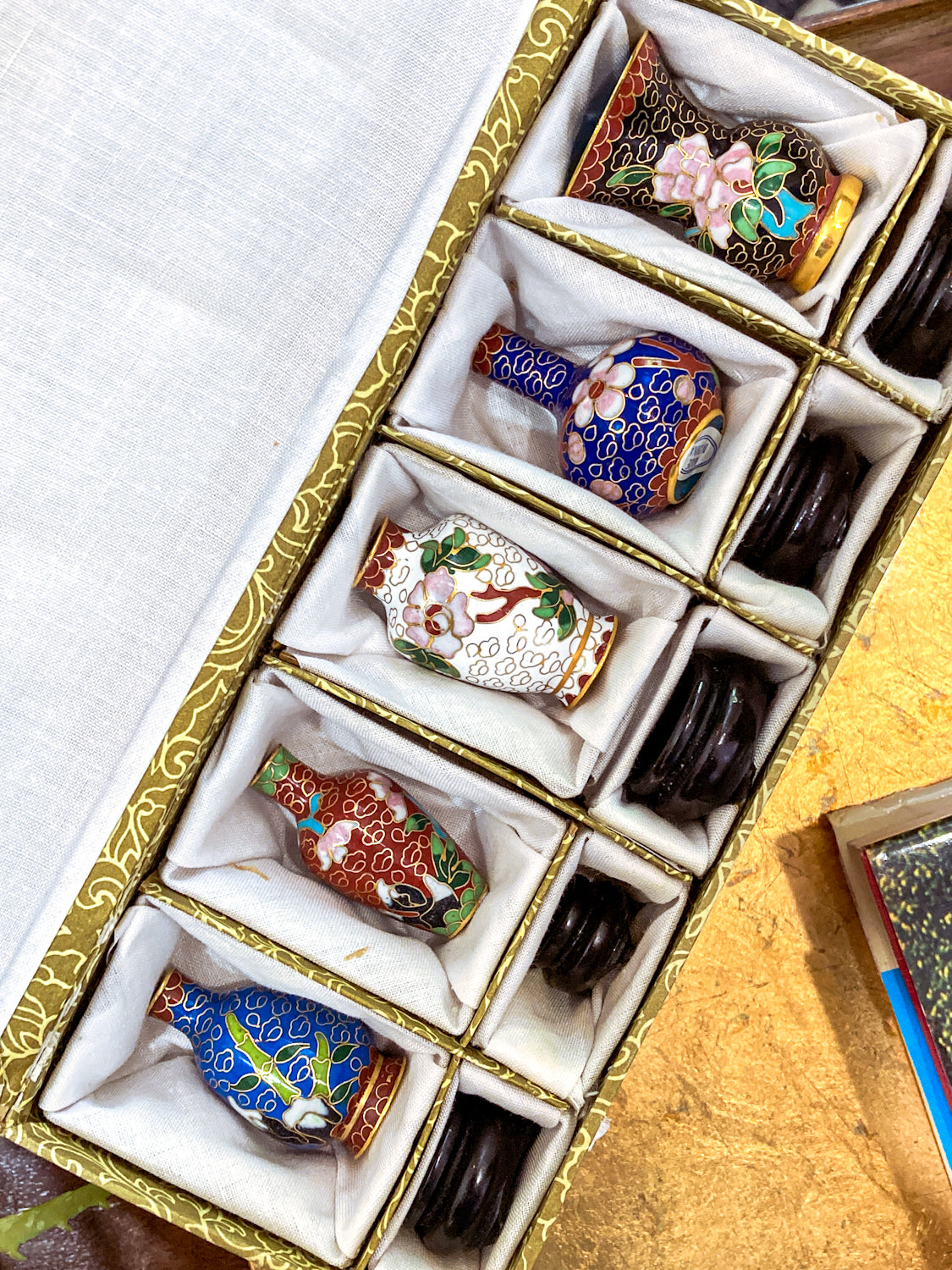 Set of Five Miniature Chinese Cloisonné Vases Wooden Stands Original Box