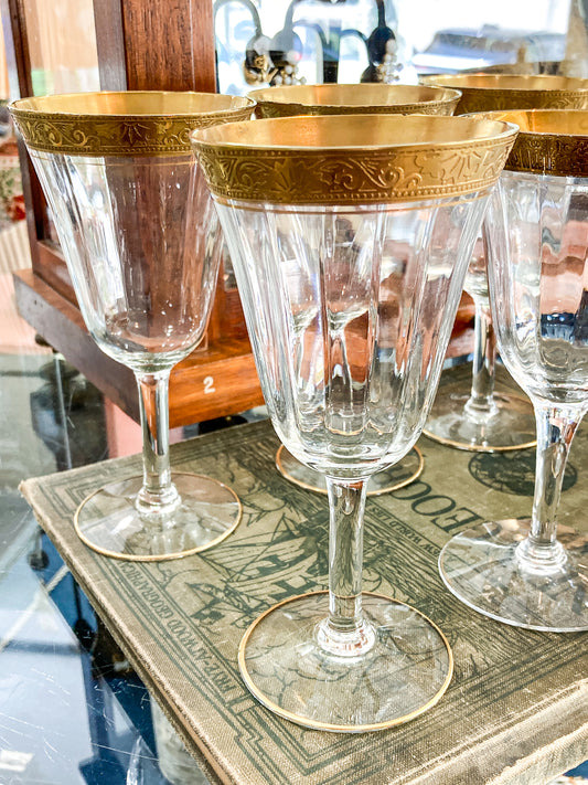 Set of Ten Antique Embossed Decorative Gold Rim Clear Crystal Water Goblets