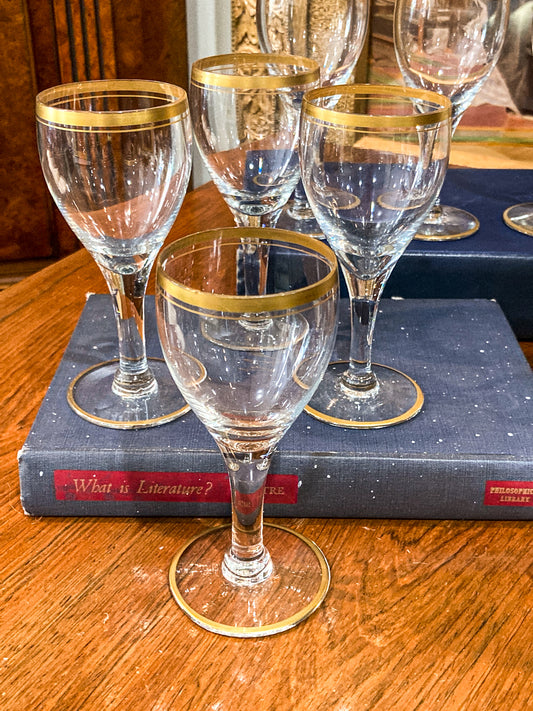 Set of Ten Vintage 1960s Gold Rim Clear Crystal Cordial Glasses Barware