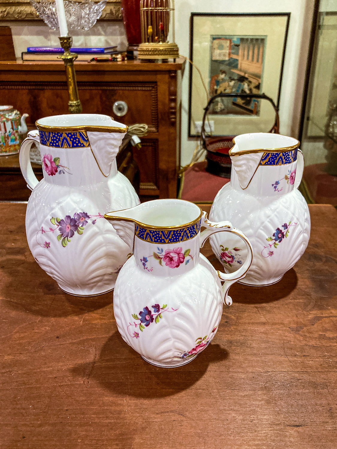 Set of Three Vintage Caughley Floral Painted Mask Head Porcelain Pitcher Jugs