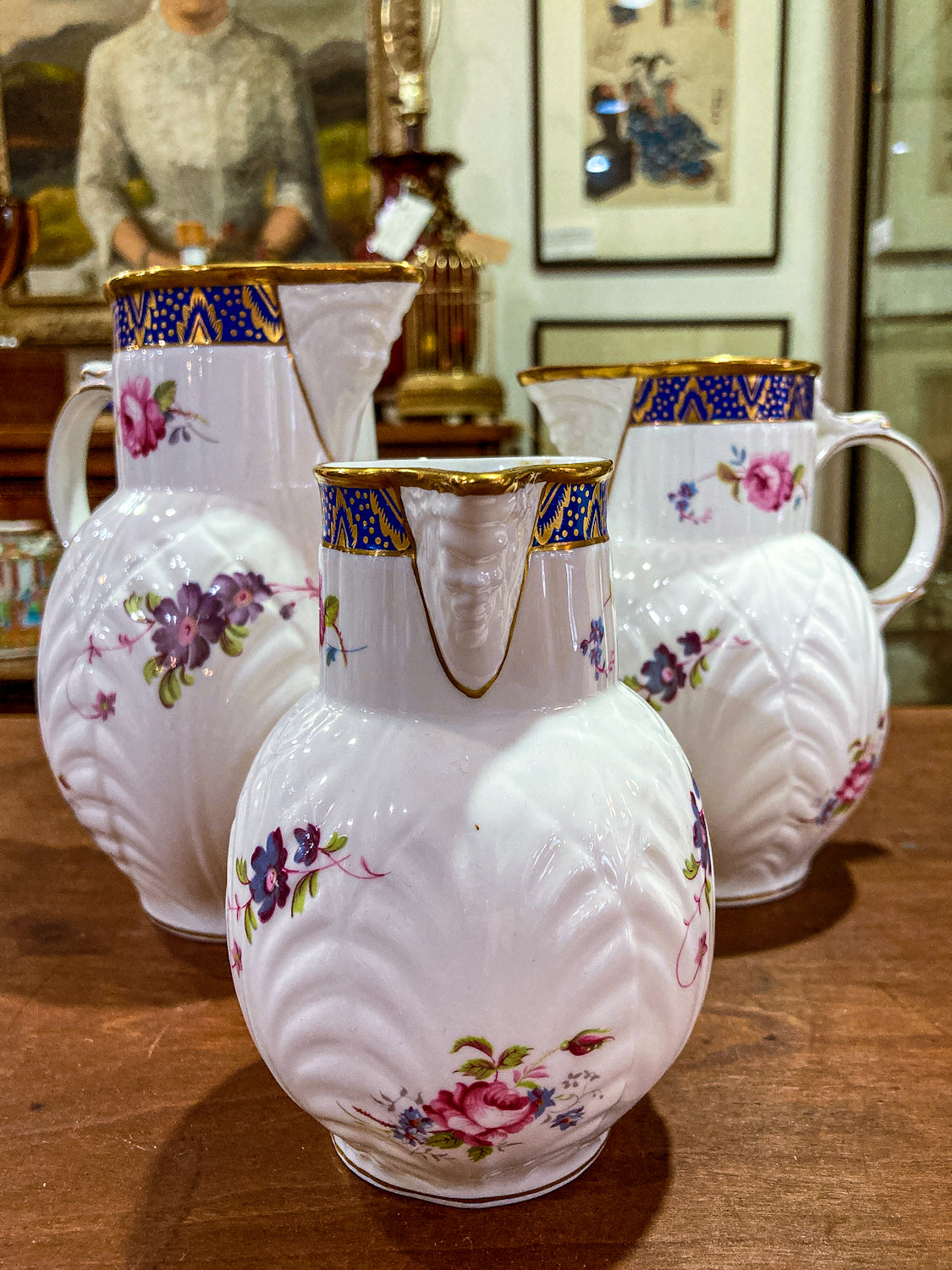 Set of Three Vintage Caughley Floral Painted Mask Head Porcelain Pitcher Jugs