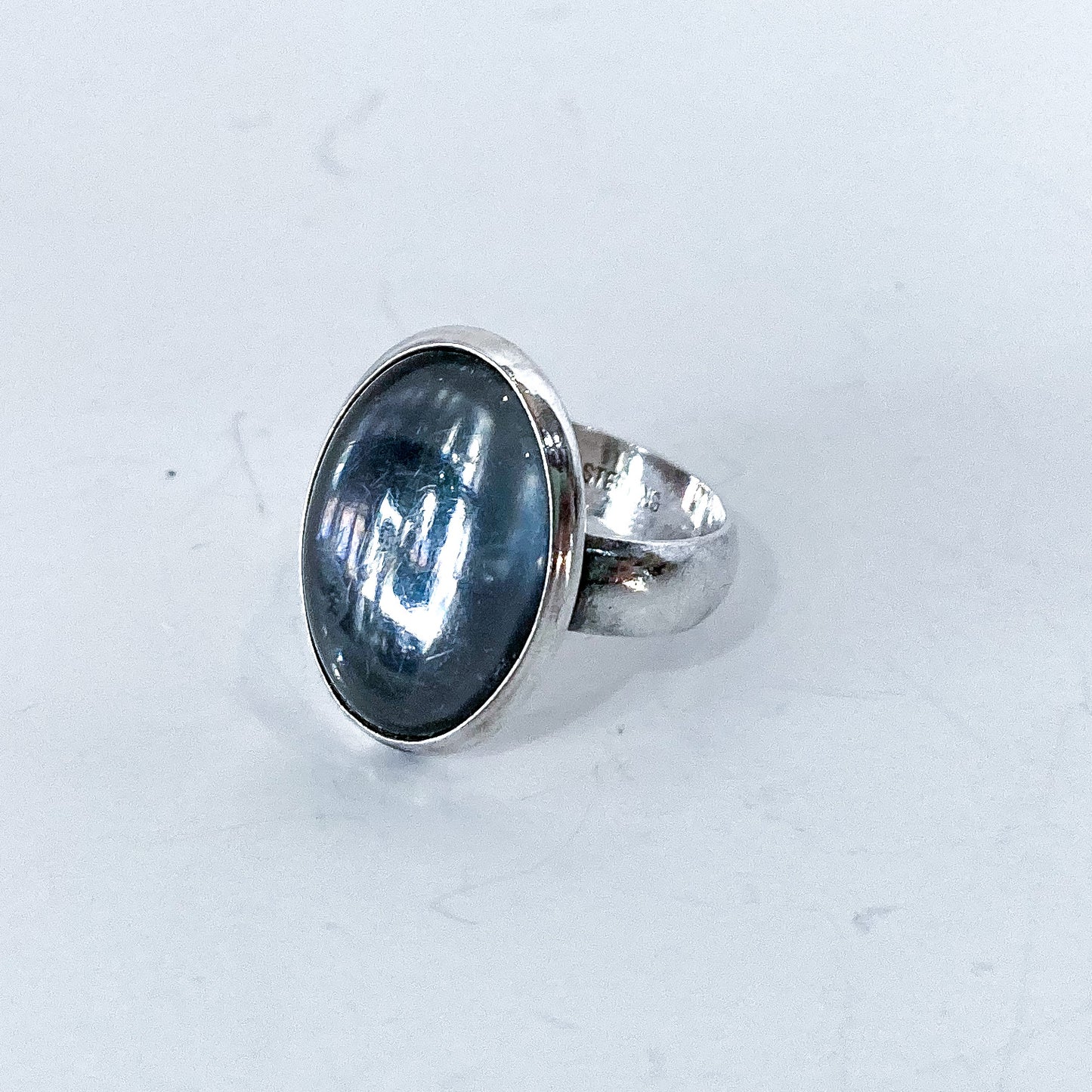 Sterling Silver Oval Moody Midnight Timeless Glass Cabochon Ring Size 6