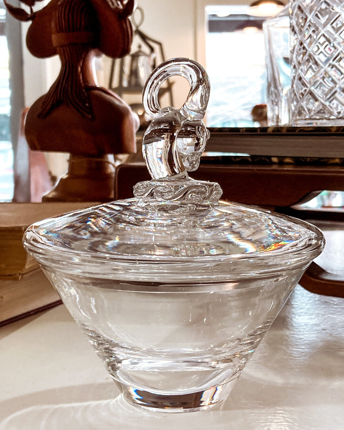 Hand Blown Steuben Clear Crystal Ram's Head Knop Lidded Tapered Jar