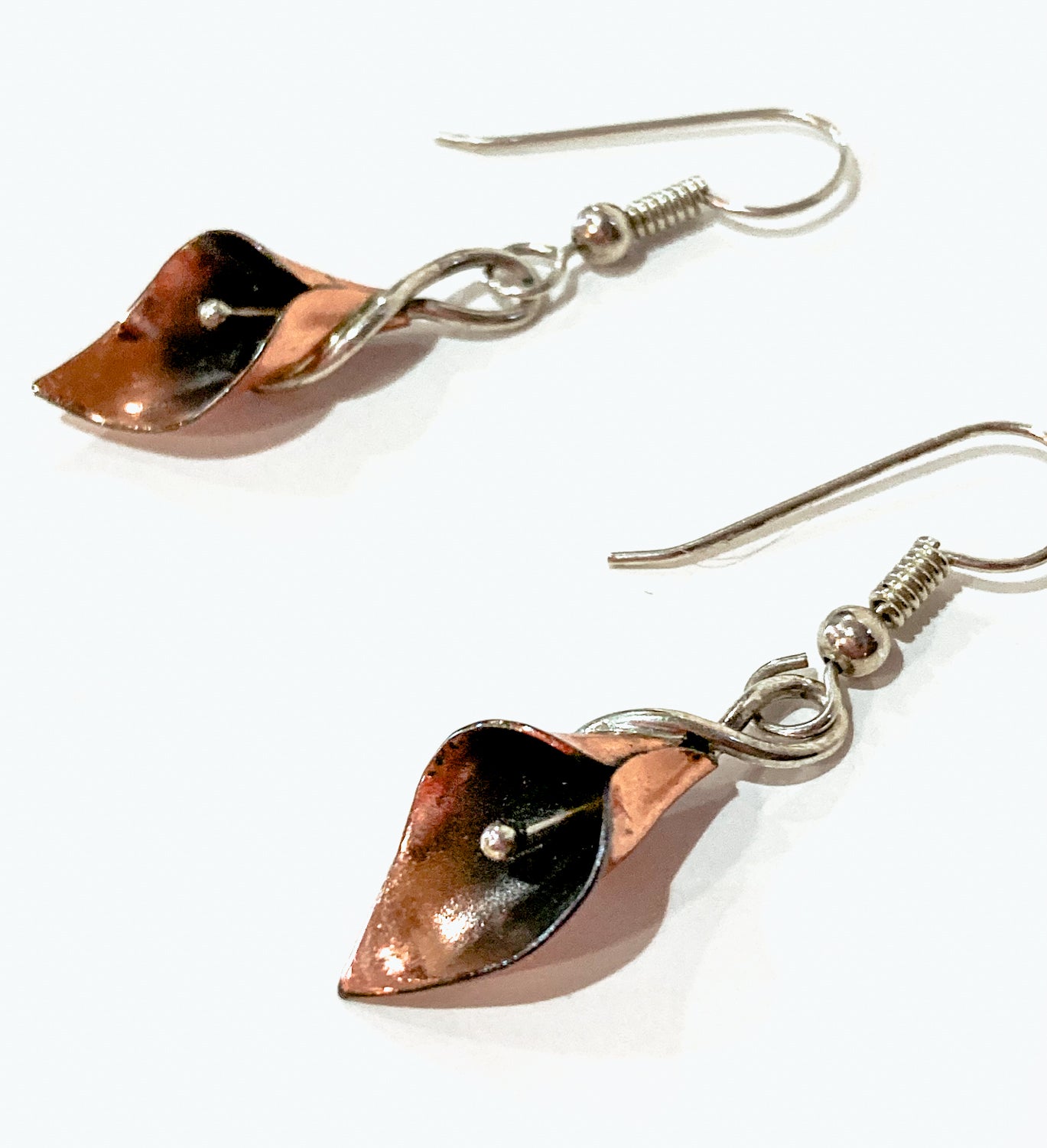 Stuart Nye Sterling Silver Copper Lily French Drop Dangle Earrings White Background Profile Close Up