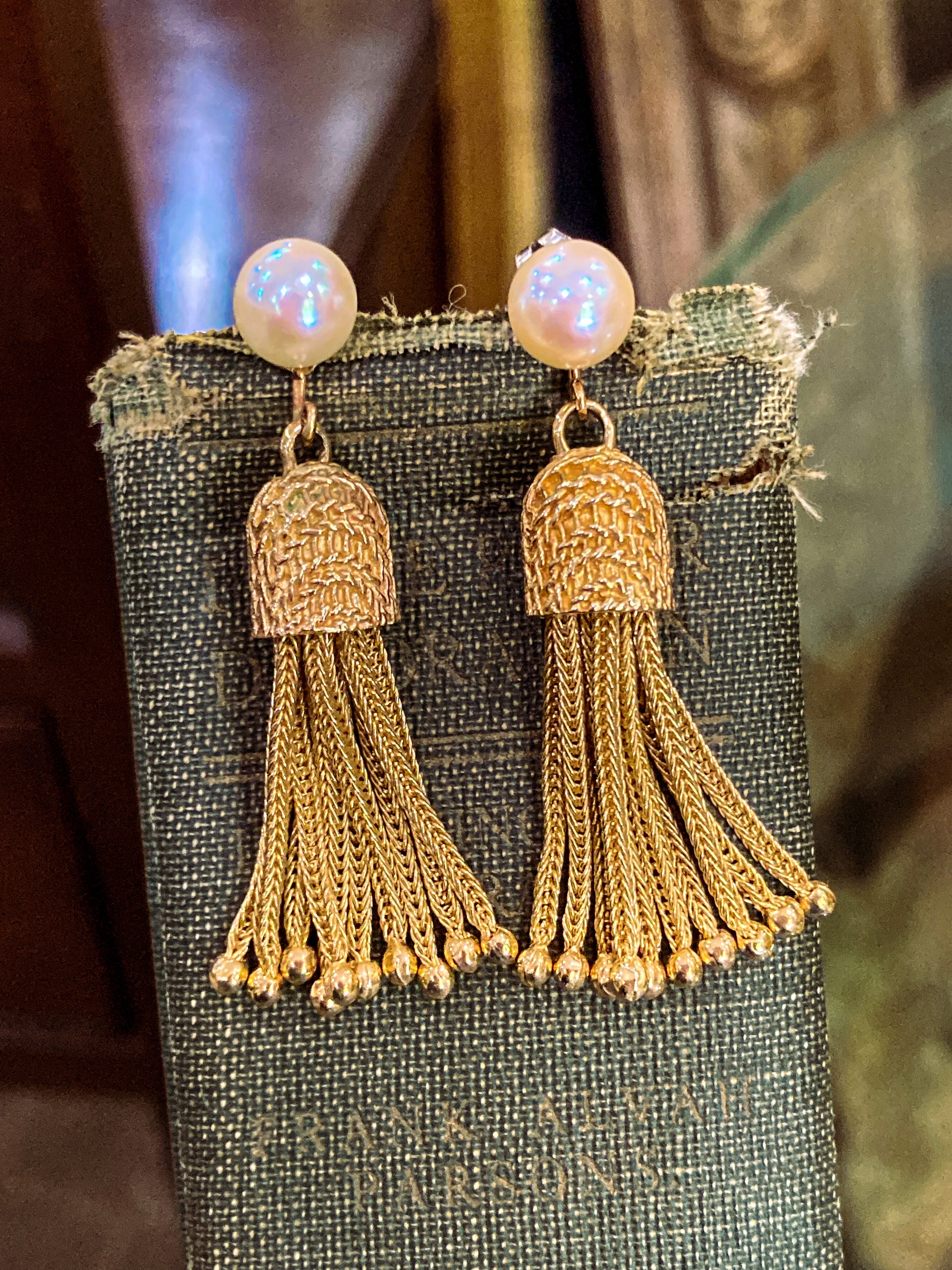 Vintage Italian 14K Yellow Gold Pearl Braided Tassel Dangle Post Earrings