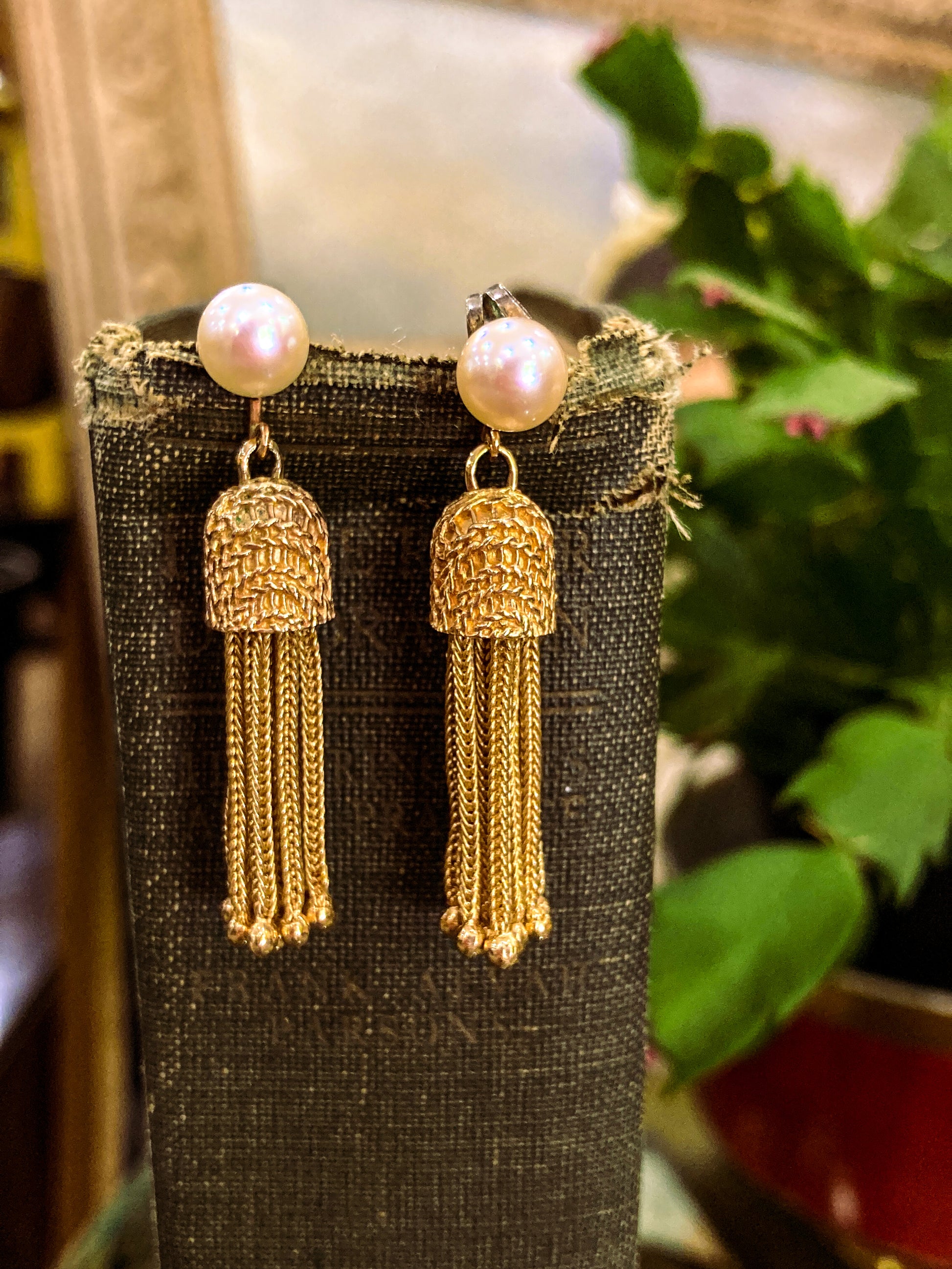 Vintage Italian 14K Yellow Gold Pearl Braided Tassel Dangle Post Earrings