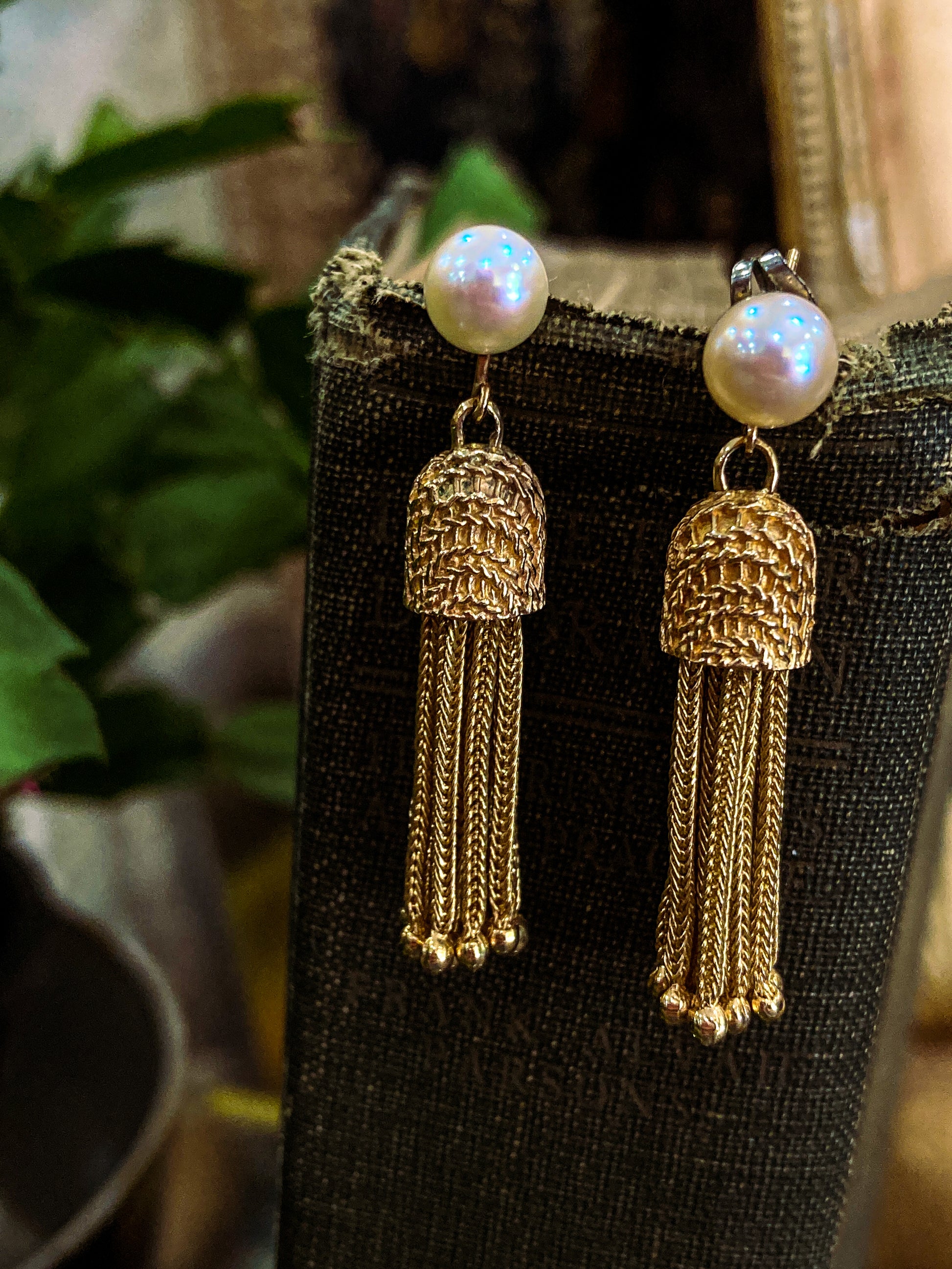 Vintage Italian 14K Yellow Gold Pearl Braided Tassel Dangle Post Earrings