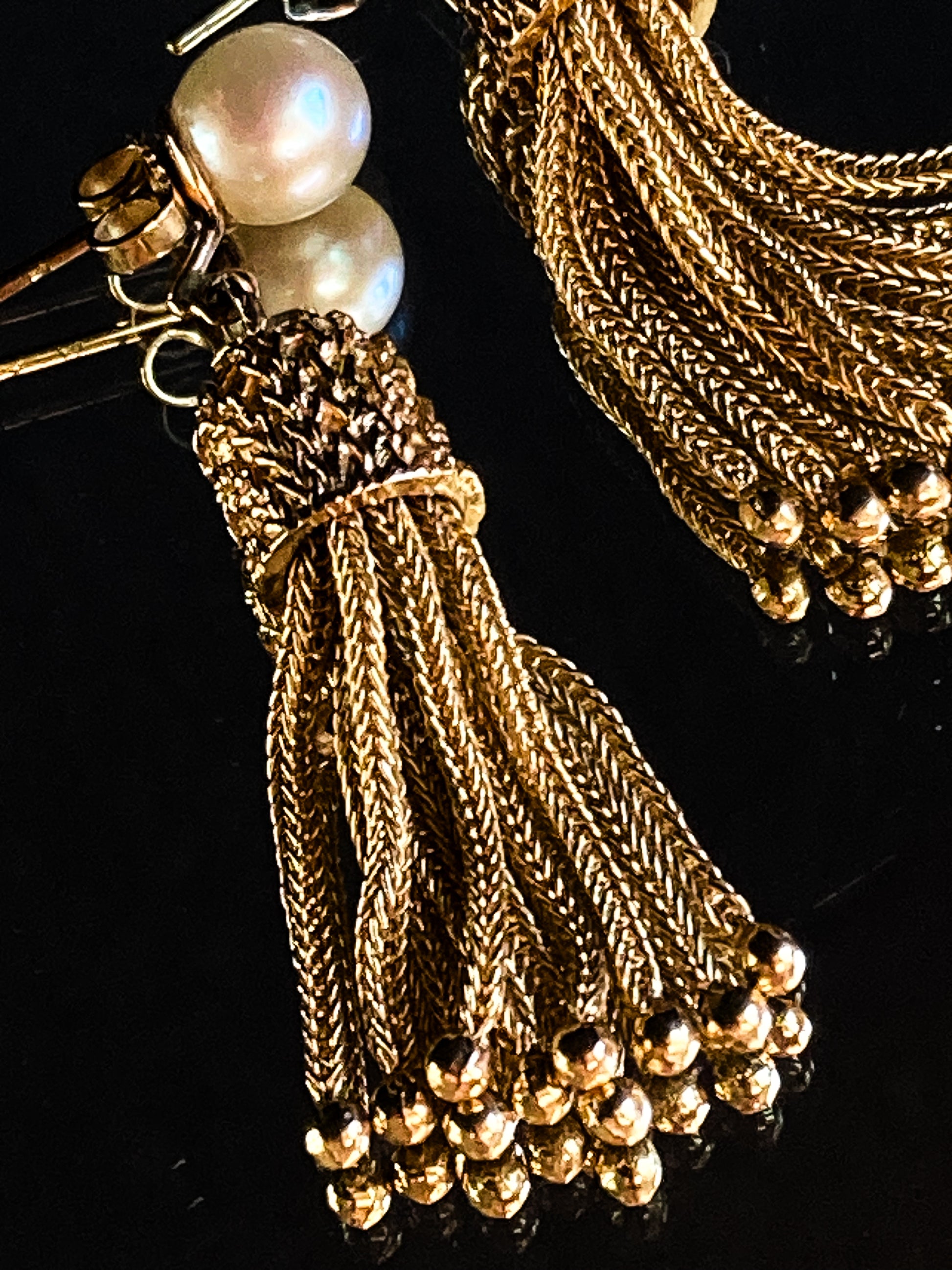 Vintage Italian 14K Yellow Gold Pearl Braided Tassel Dangle Post Earrings