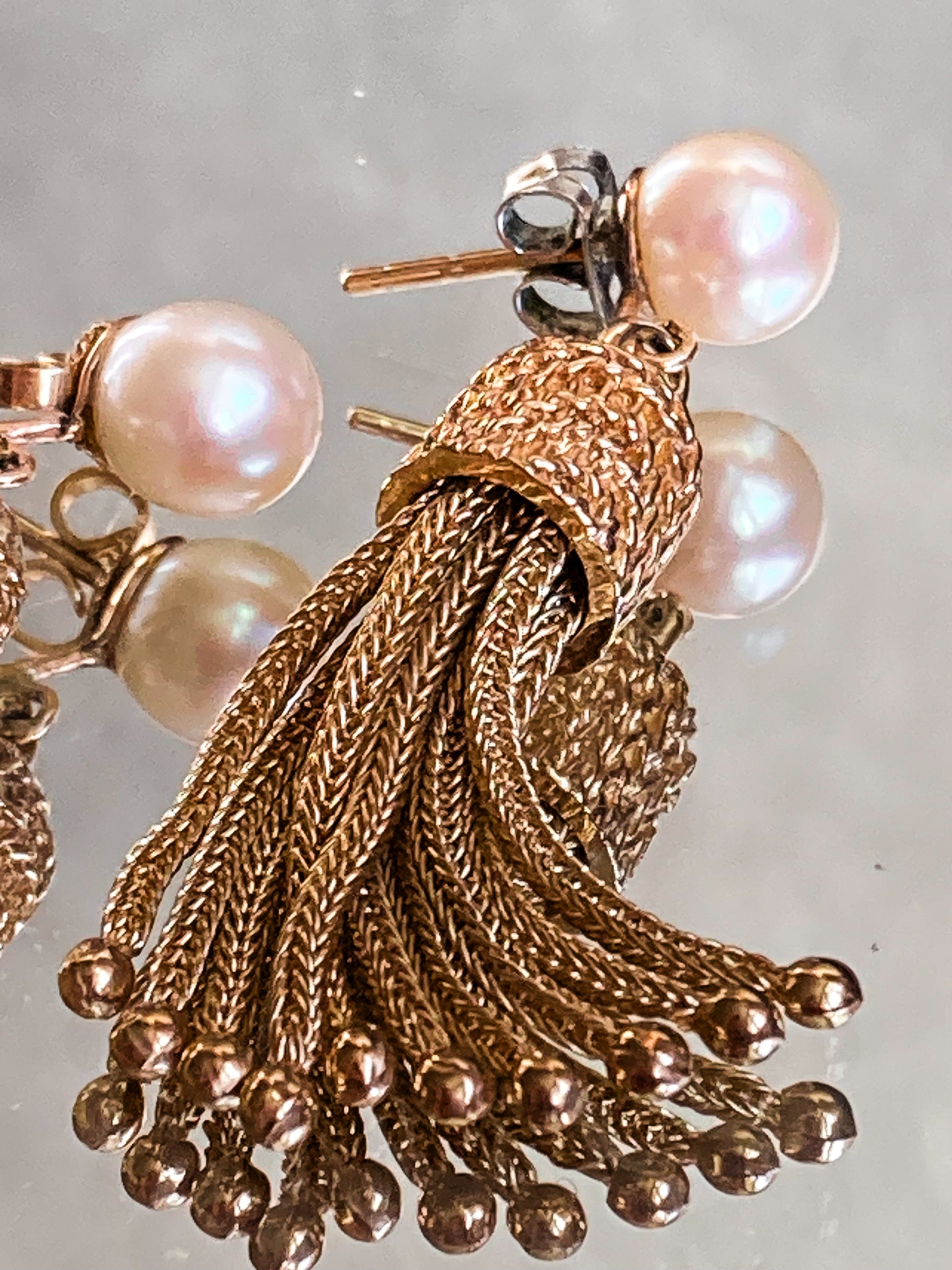 Vintage Italian 14K Yellow Gold Pearl Braided Tassel Dangle Post Earrings
