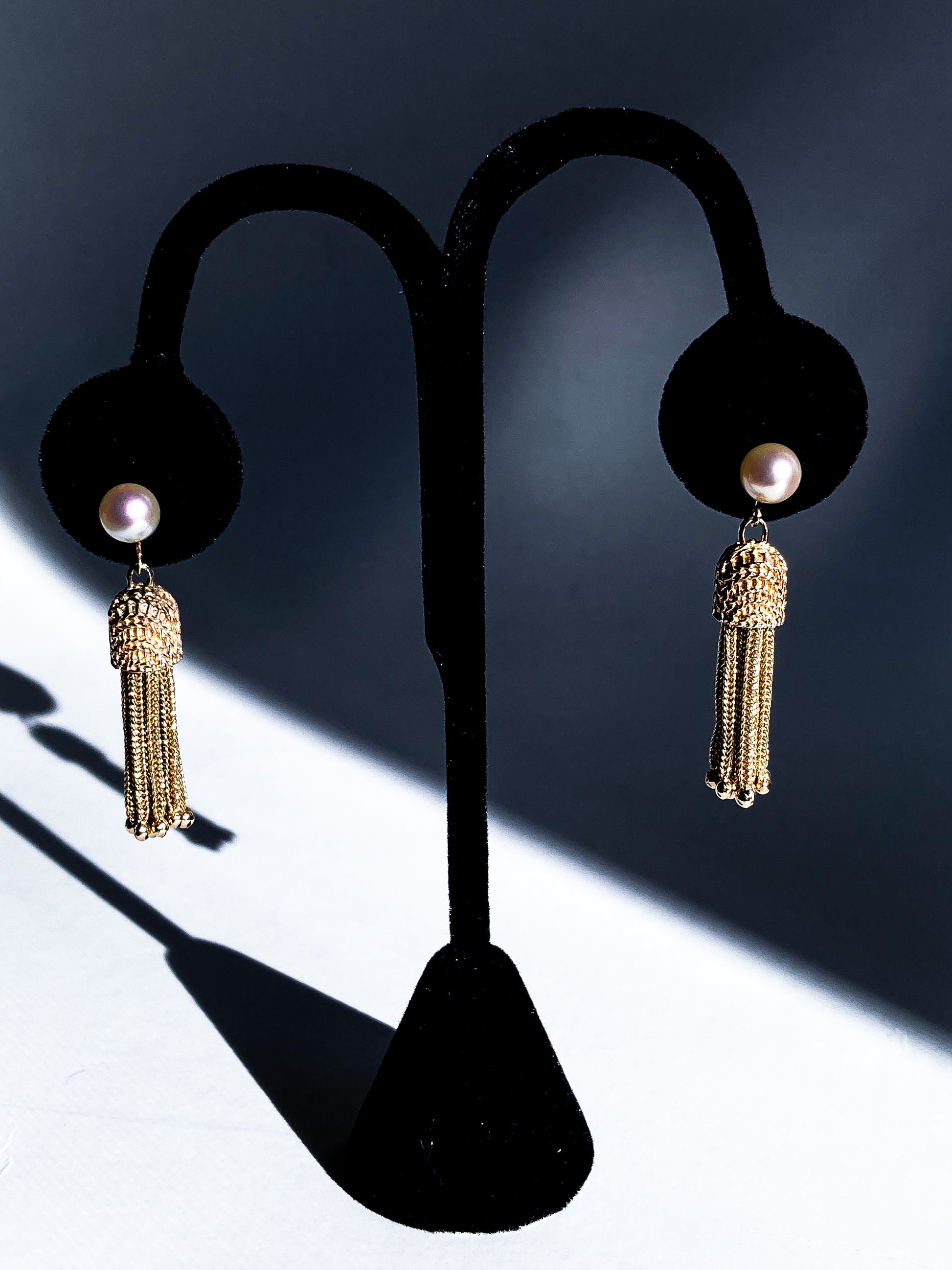 Vintage Italian 14K Yellow Gold Pearl Braided Tassel Dangle Post Earrings