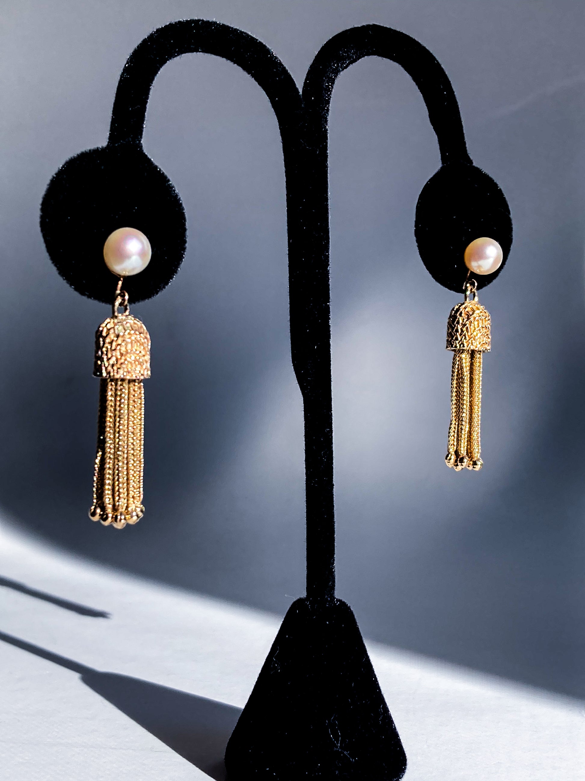 Vintage Italian 14K Yellow Gold Pearl Braided Tassel Dangle Post Earrings