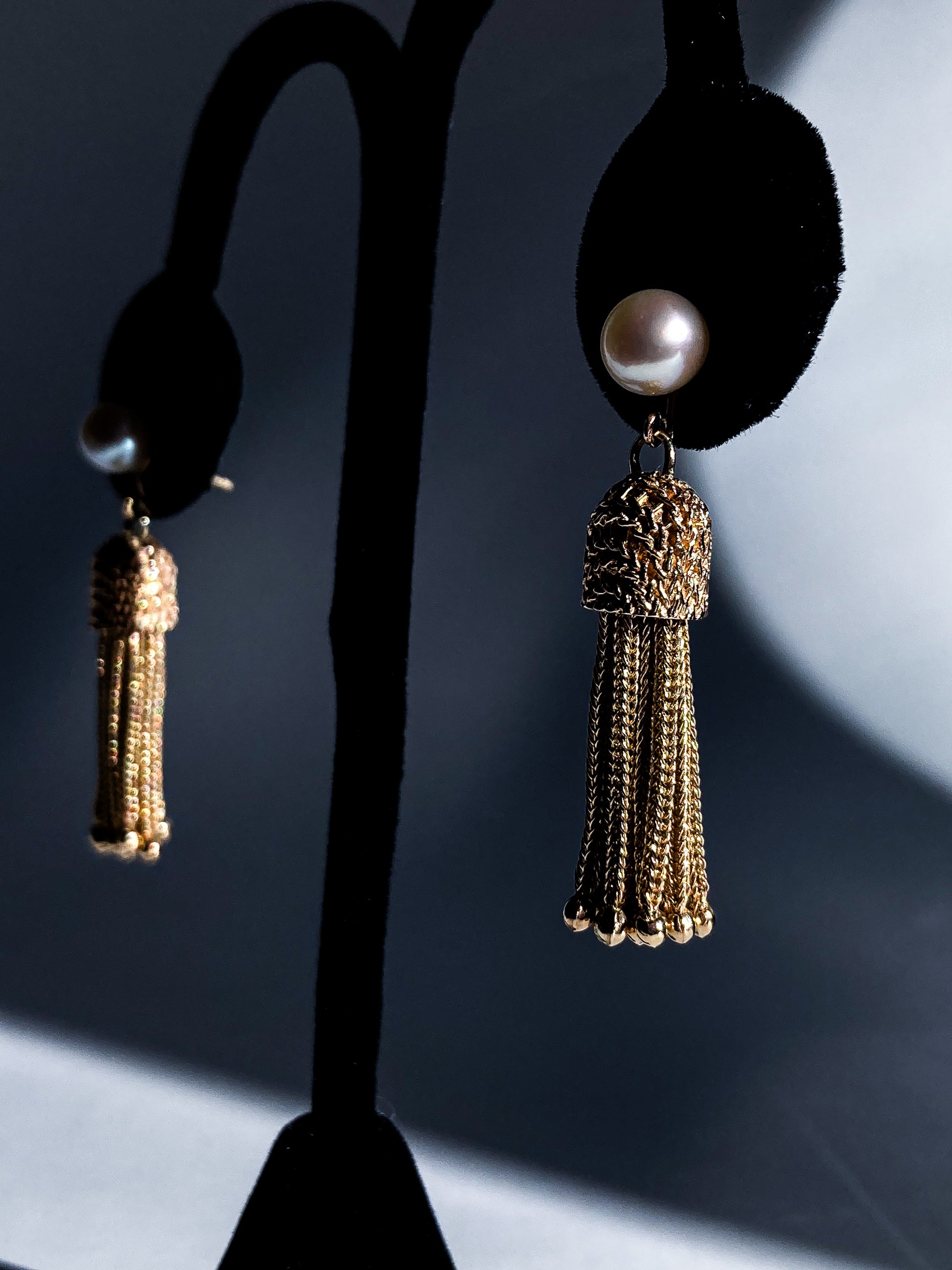 Vintage Italian 14K Yellow Gold Pearl Braided Tassel Dangle Post Earrings