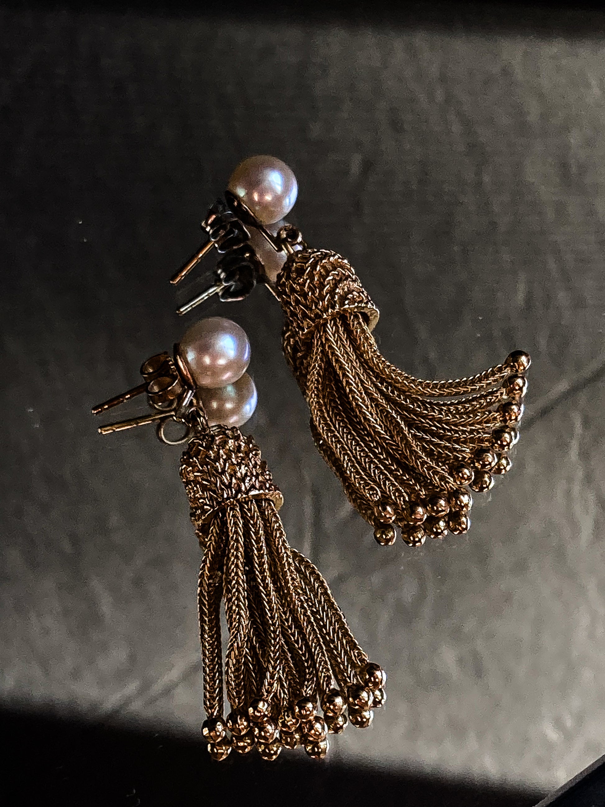 Vintage Italian 14K Yellow Gold Pearl Braided Tassel Dangle Post Earrings