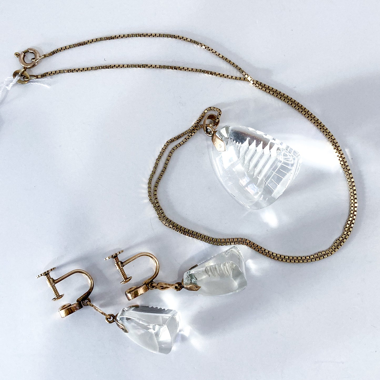 Vintage 14k Gold Carved Crystal Necklace Earrings Japan Jewelry Set