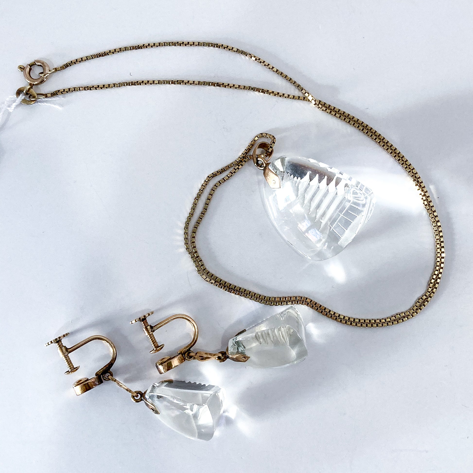 Vintage 14k Gold Carved Crystal Necklace Earrings Japan Jewelry Set