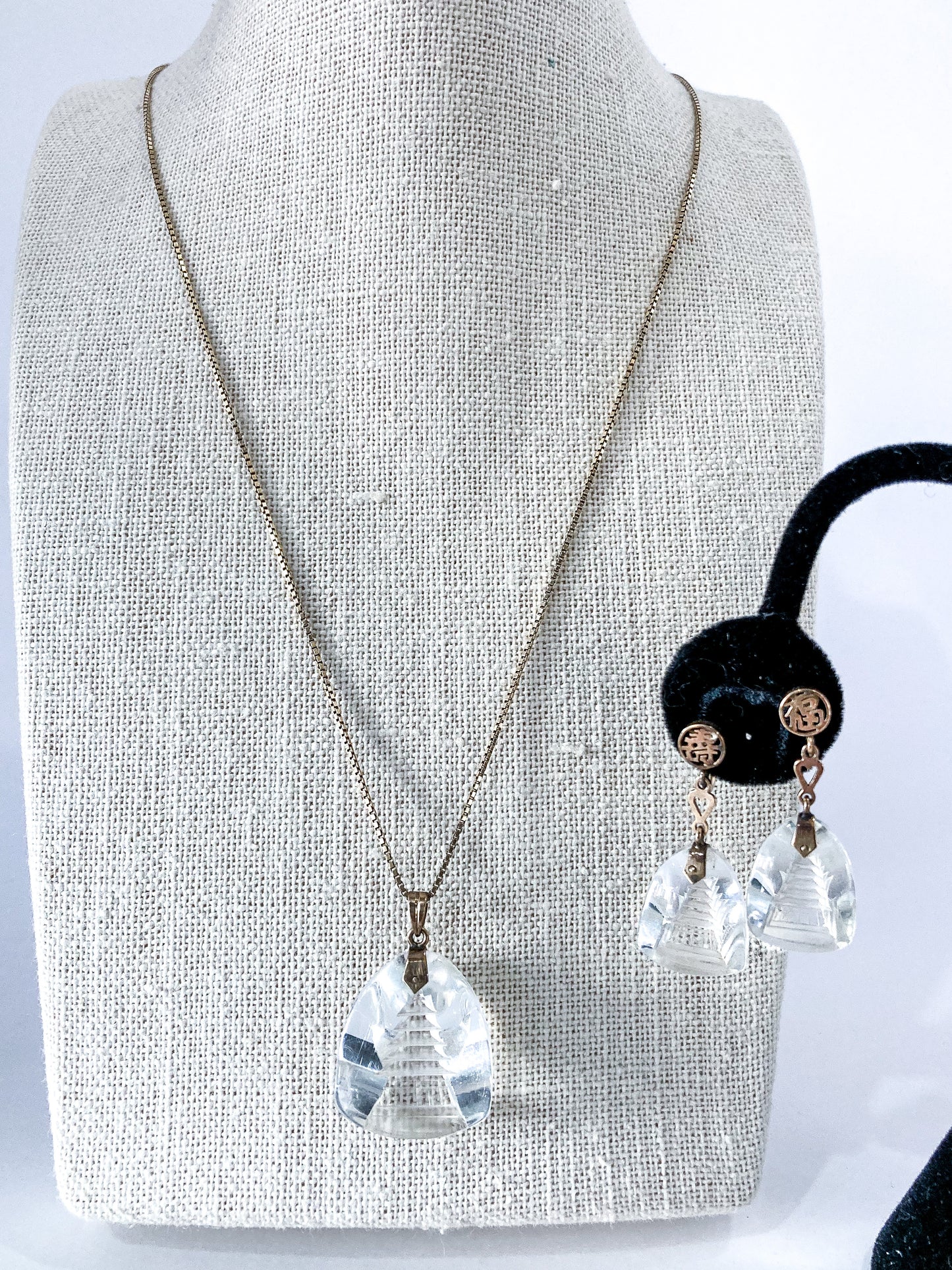 Vintage 14k Gold Carved Crystal Necklace Earrings Japan Jewelry Set