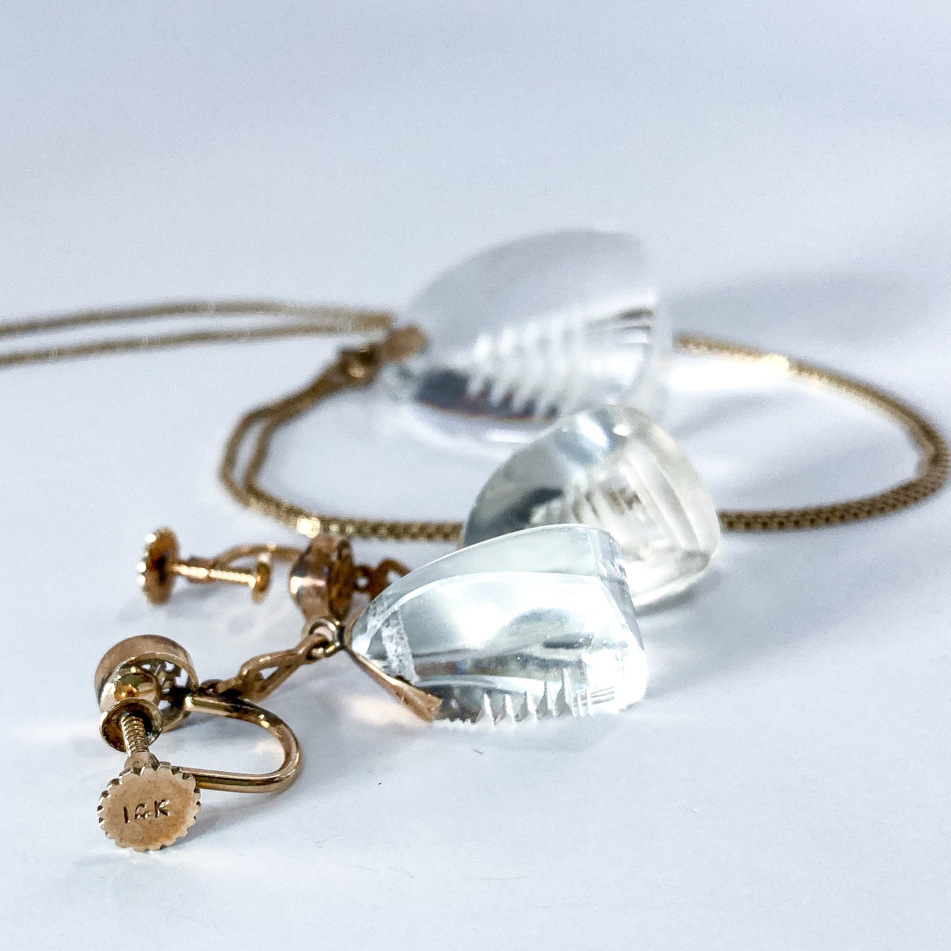 Vintage 14k Gold Carved Crystal Necklace Earrings Japan Jewelry Set