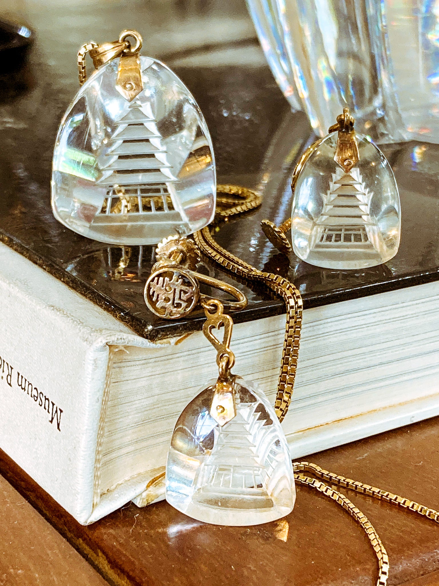 Vintage 14k Gold Carved Crystal Pagoda Necklace Earrings Japan Jewelry Set