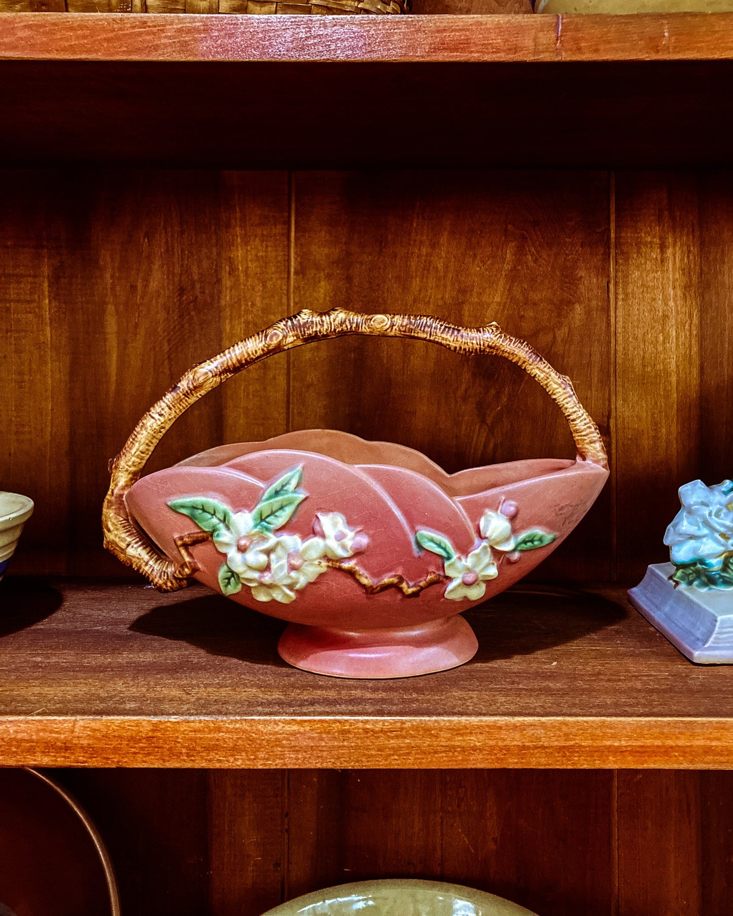 Vintage 1940s Roseville Pink Apple Blossom Ceramic Branch Handle Basket Bowl
