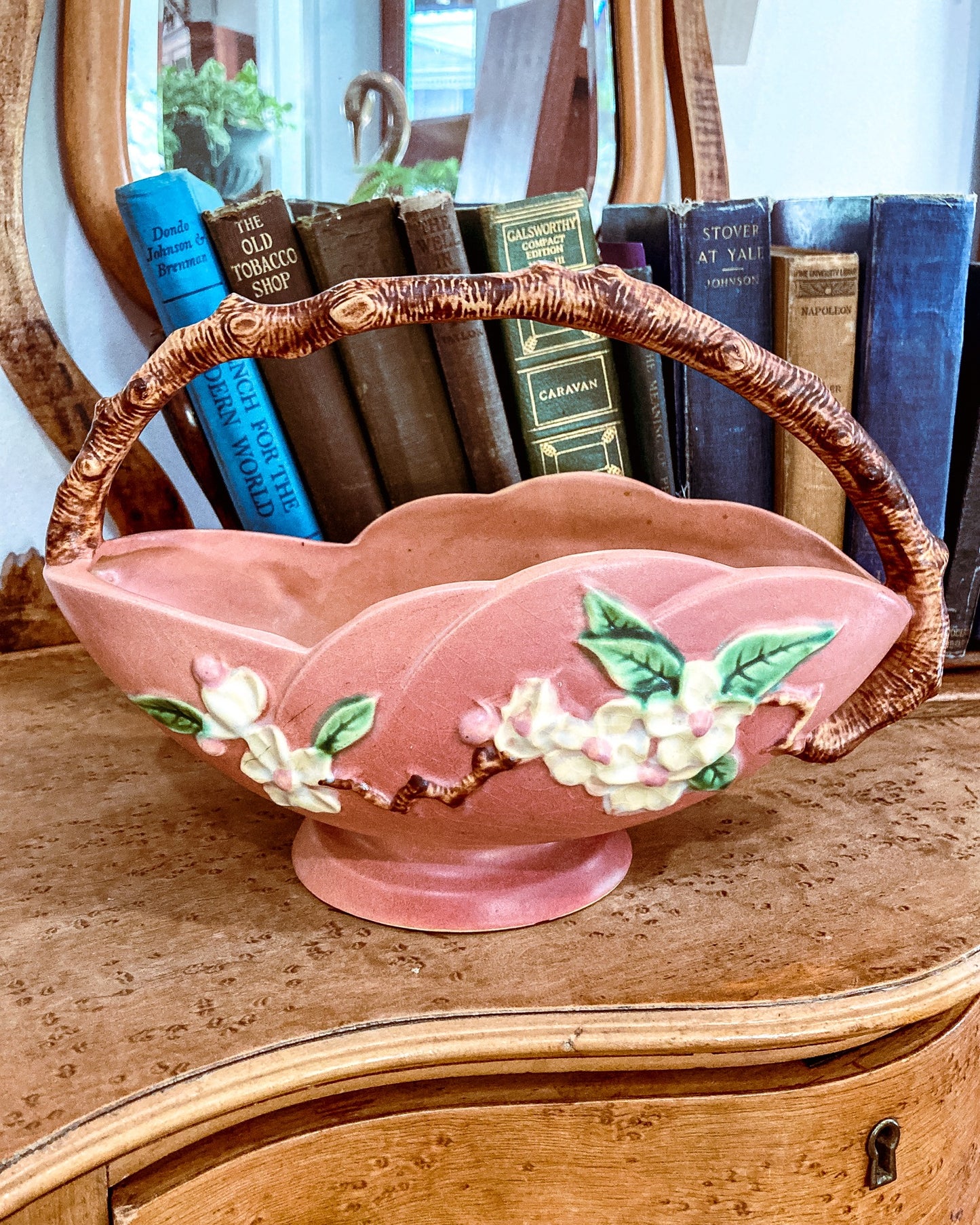 Vintage 1940s Roseville Pink Apple Blossom Ceramic Branch Handle Basket Bowl