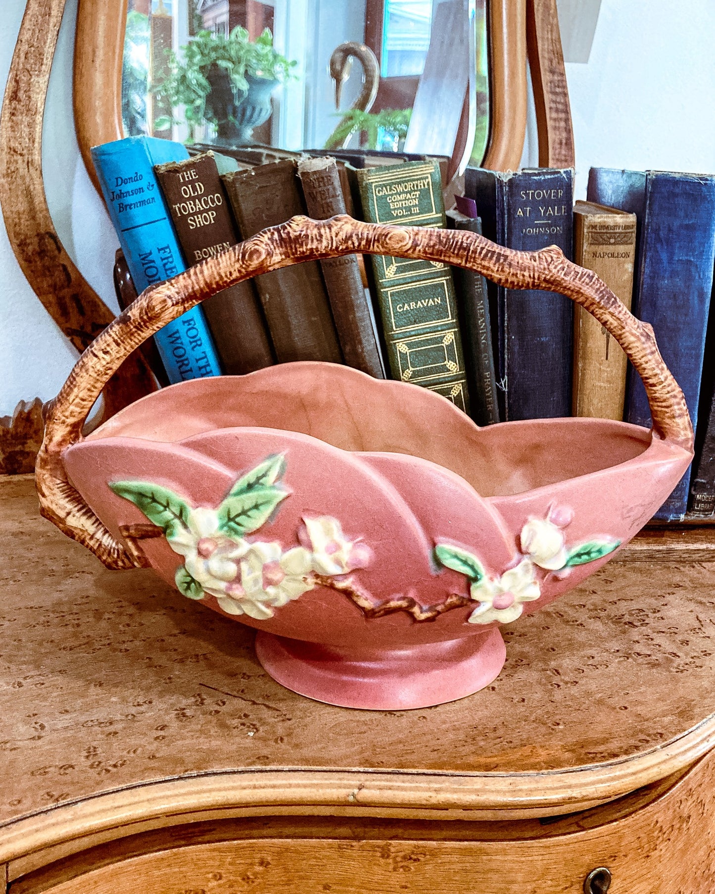 Vintage 1940s Roseville Pink Apple Blossom Ceramic Branch Handle Basket Bowl