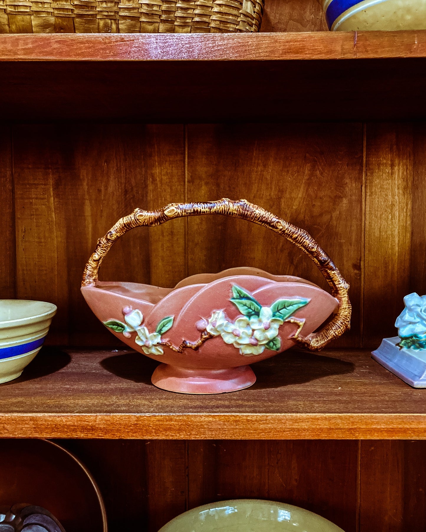 Vintage 1940s Roseville Pink Apple Blossom Ceramic Branch Handle Basket Bowl