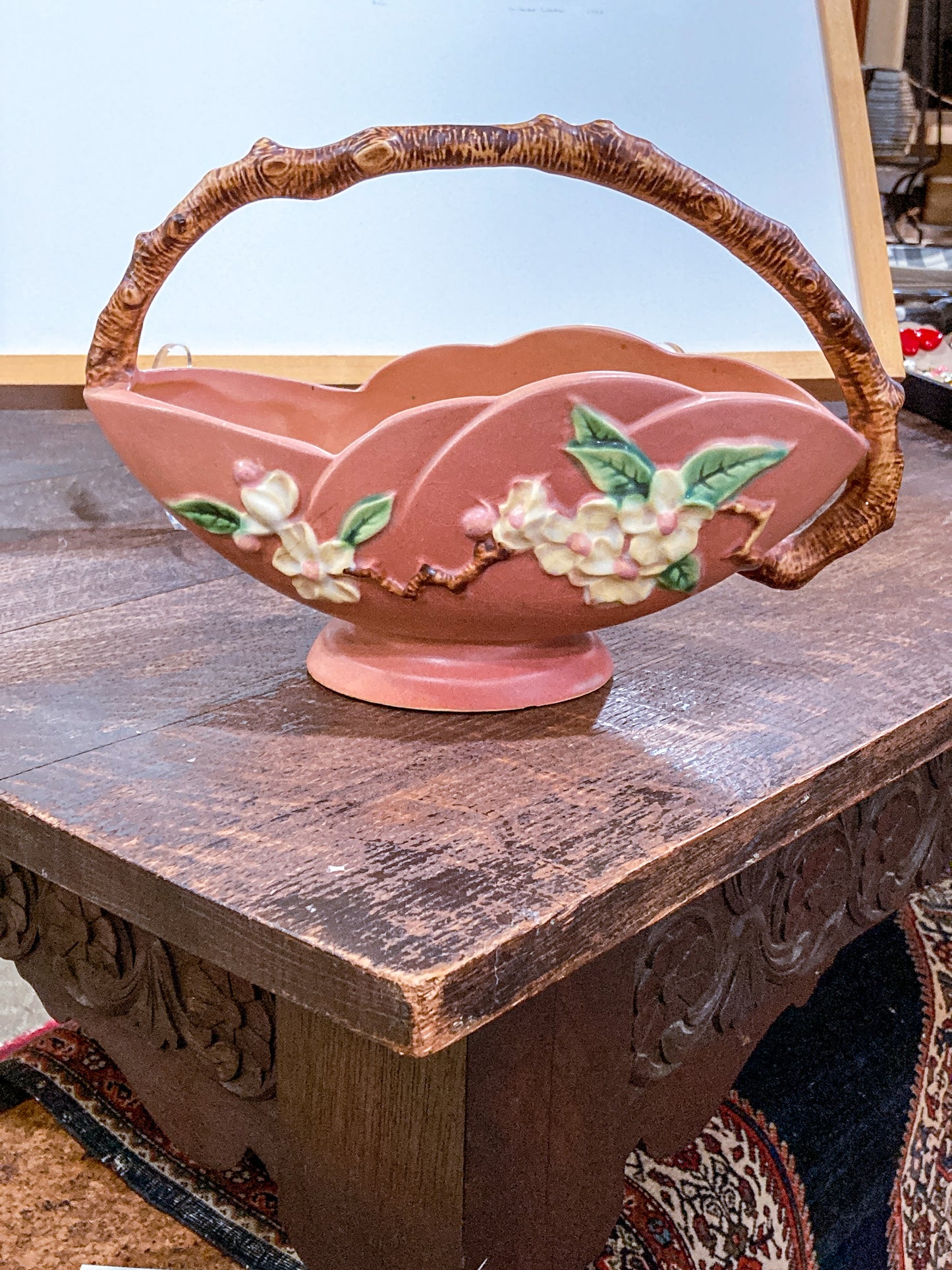 Vintage 1940s Roseville Pink Apple Blossom Ceramic Branch Handle Basket Bowl