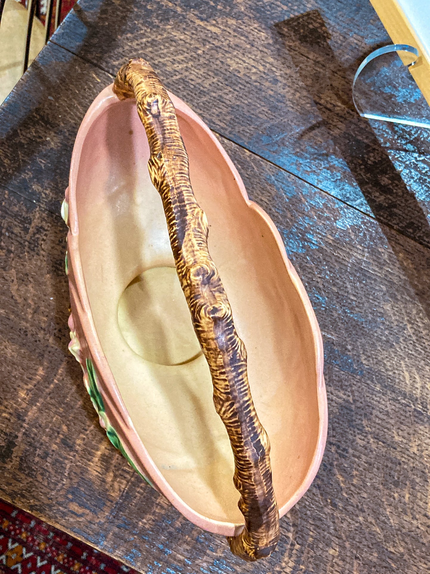 Vintage 1940s Roseville Pink Apple Blossom Ceramic Branch Handle Basket Bowl
