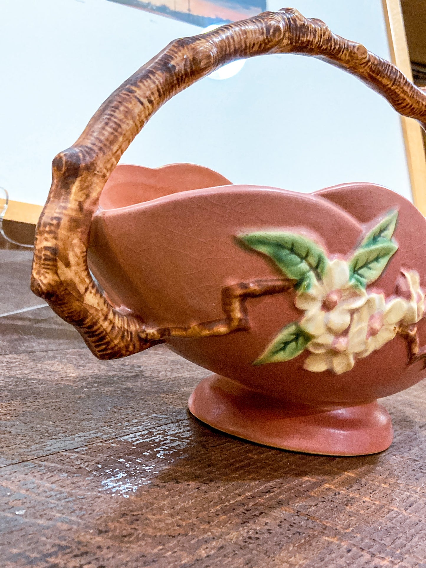 Vintage 1940s Roseville Pink Apple Blossom Ceramic Branch Handle Basket Bowl