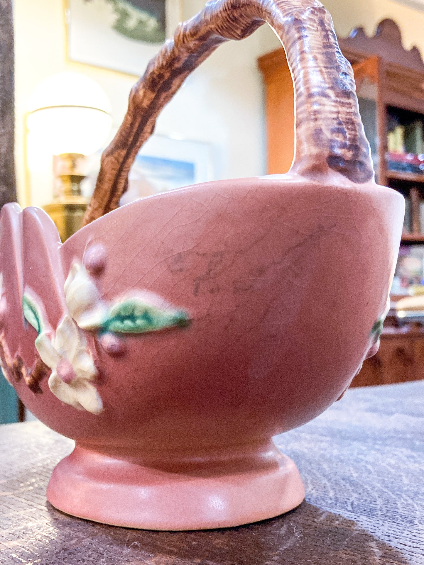 Vintage 1940s Roseville Pink Apple Blossom Ceramic Branch Handle Basket Bowl