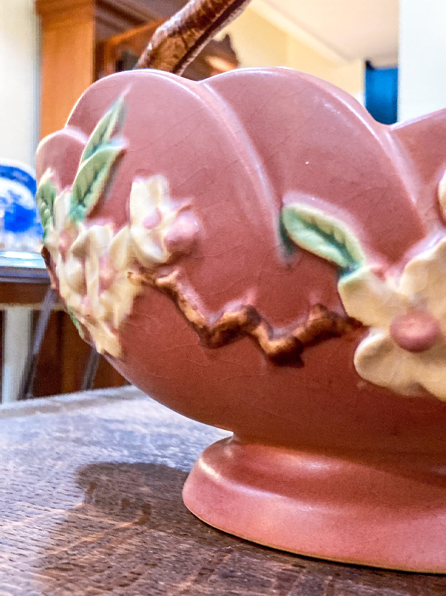 Vintage 1940s Roseville Pink Apple Blossom Ceramic Branch Handle Basket Bowl