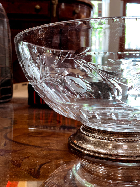 Vintage 1950s Floral Vine Motif Hand Engraved Sterling Silver Footed Base Glass Bowl