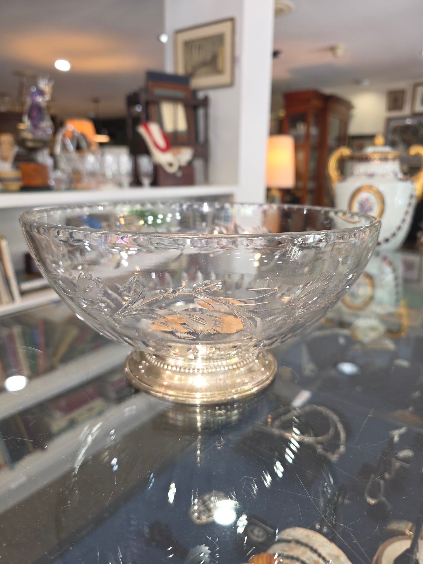 Vintage 1950s Floral Vine Motif Hand Engraved Sterling Silver Footed Base Glass Bowl