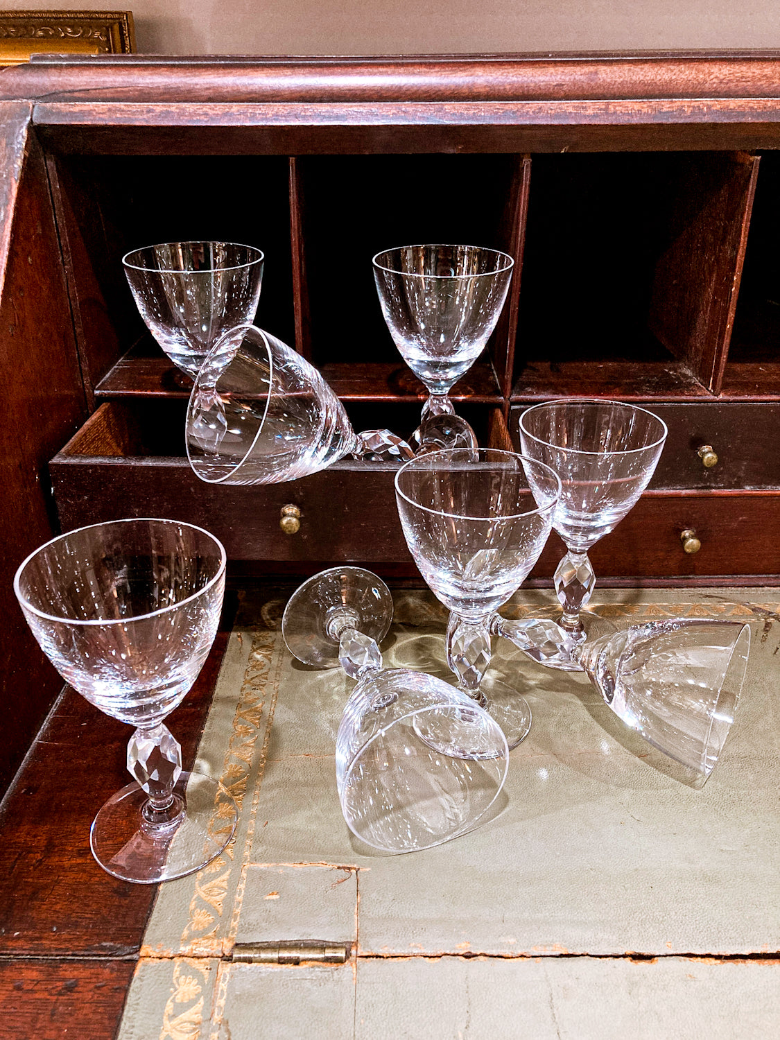 Vintage 1950s Set of Eight Paneled Stem Clear Glass Sherry Glasses