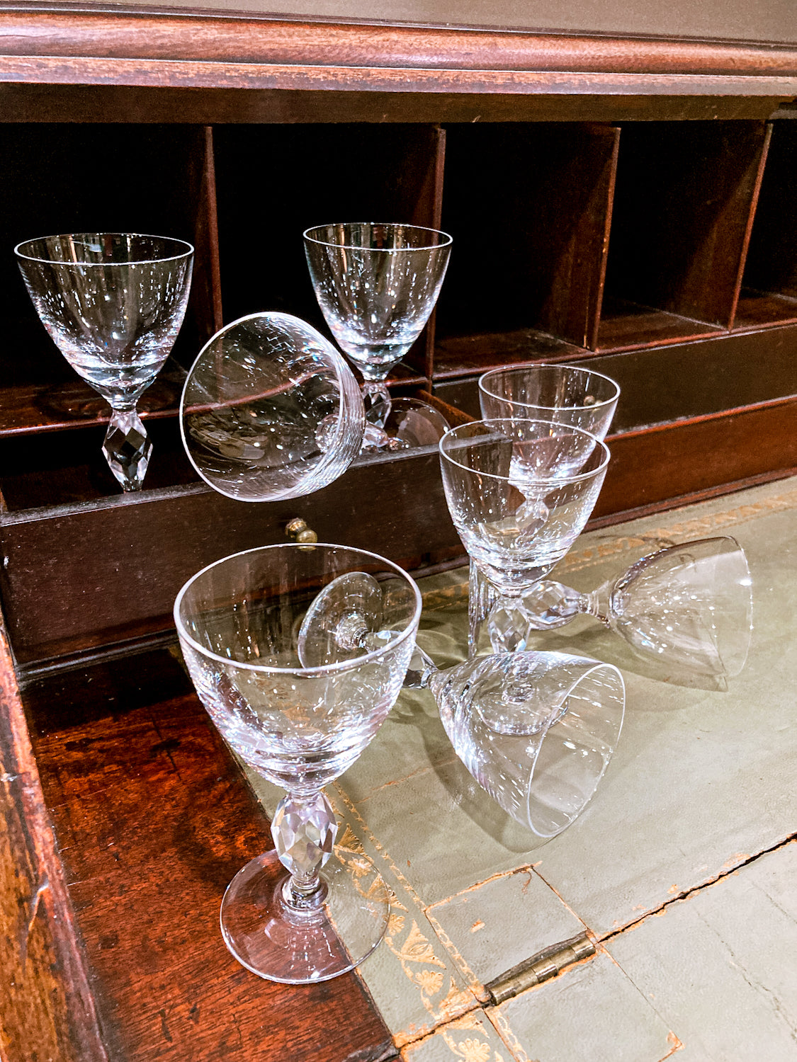 Vintage 1950s Set of Eight Paneled Stem Clear Glass Sherry Glasses