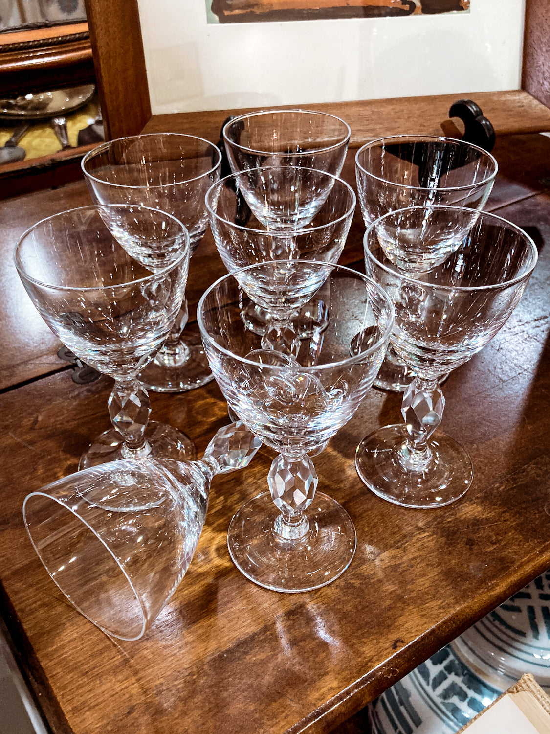 Vintage 1950s Set of Eight Paneled Stem Clear Glass Sherry Glasses